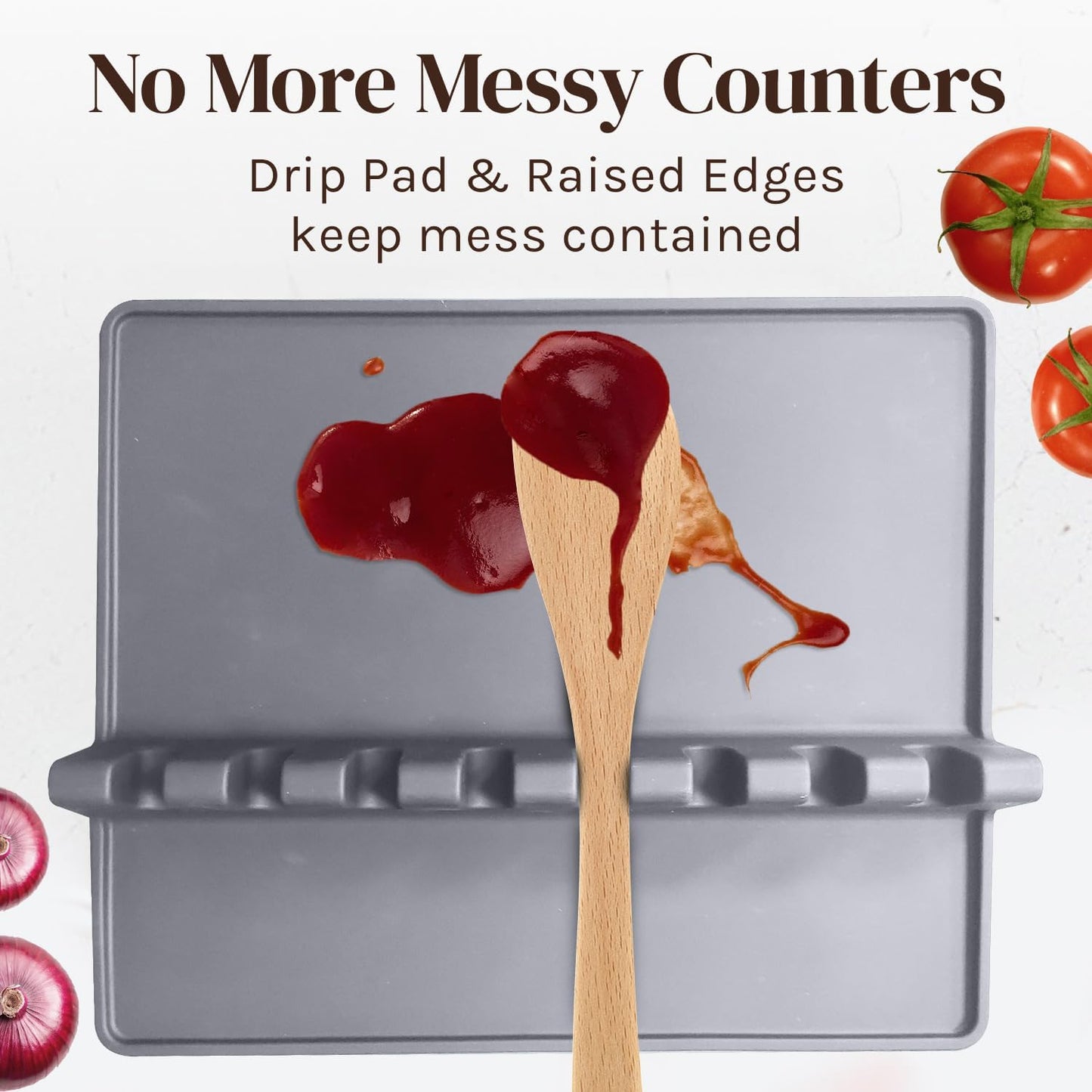 Silicone Spoon Rest for Stove Top with Drip Pad (1 Pack) - Extra Large Grey Heat-Resistant, BPA-Free Utensil Rest for Kitchen Counter - Utensil Holder for Spatulas, Tongs, Ladles and Kitchen Gadgets
