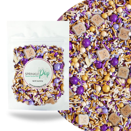 Sprinkle Pop PB&J Sprinkle Mix| lavender Purple Gold Cream Chocolate Sprinkles with ~10 Peanut Butter & Grape Jelly Slice Wafer Papers| Sprinkles Made in USA for Decorating Cake Cupcakes Cookies, 2oz