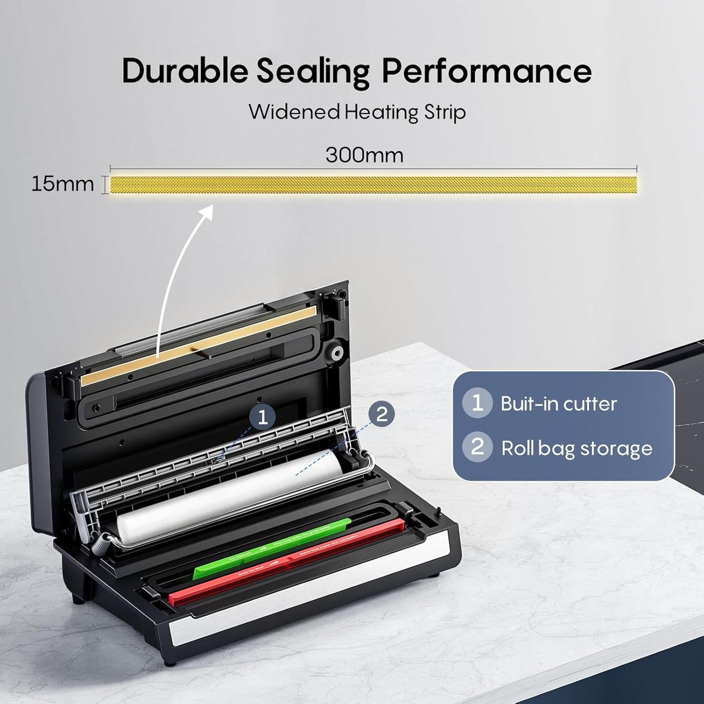 Automatic Vacuum Sealer, Powerful Food Vacuum Sealer Machine, Auto Dry-Wet Detection | Bag Cutter | 2 Rolls Bags | Effortless Operation, Black