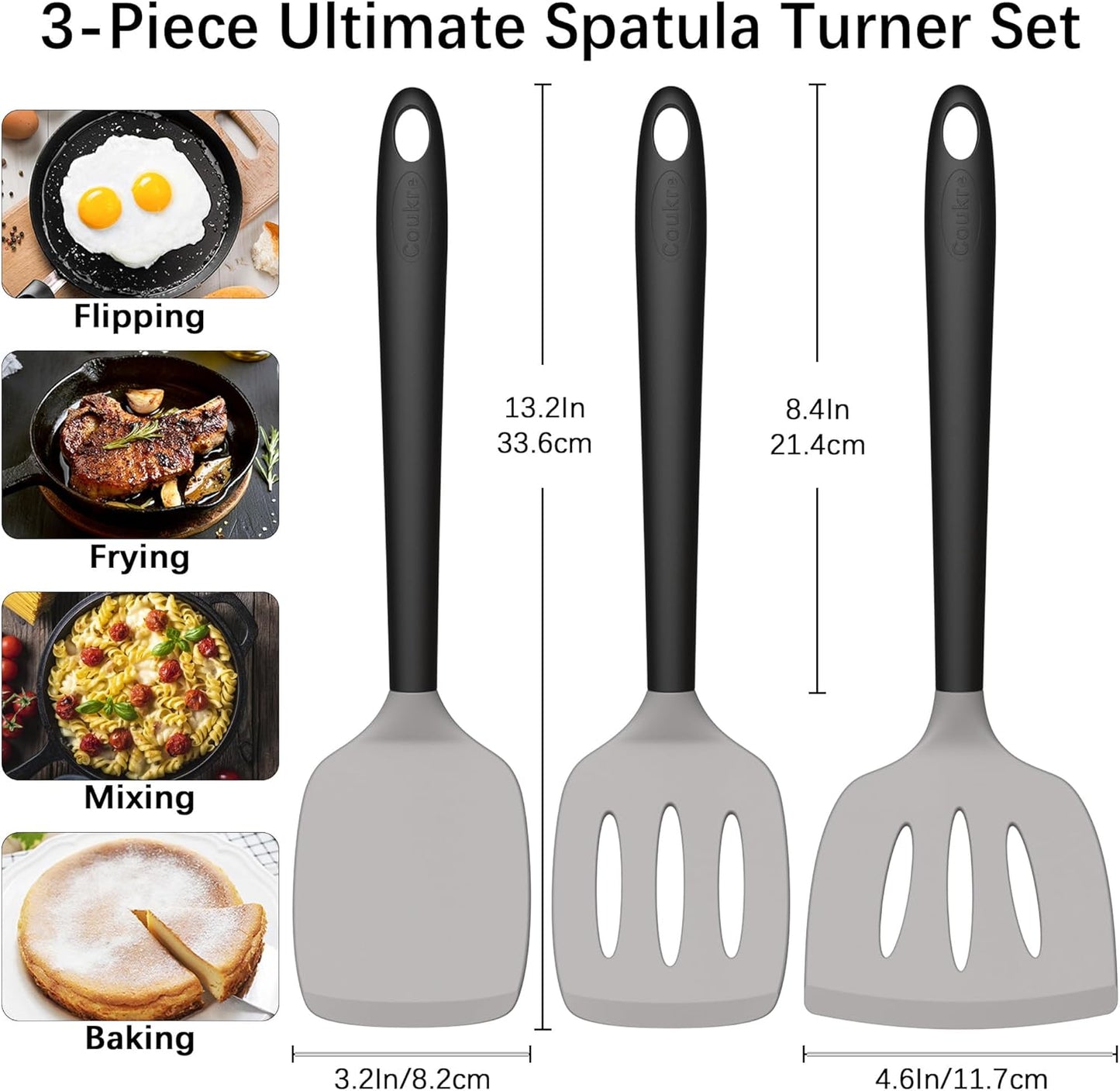 Coukre Silicone Spatula Set of 3, High Heat Resistant, BPA-Free, Kitchen Utensils, Fish Spatula, Solid & Slotted Turner for Non-Stick Pans, Flipping Eggs, Pancakes, Fish, Burgers (3, Gray)