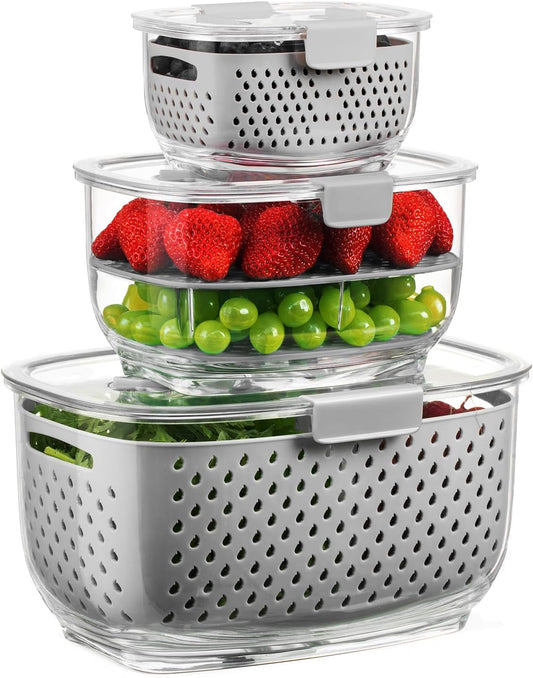 LUXEAR Fresh Produce Vegetable Fruit Storage Containers 3Piece Set, BPA-free Fridge Storage Container, Partitioned Salad Container, Fridge Organizers, Used in Storing Fruits Vegetables, Gray