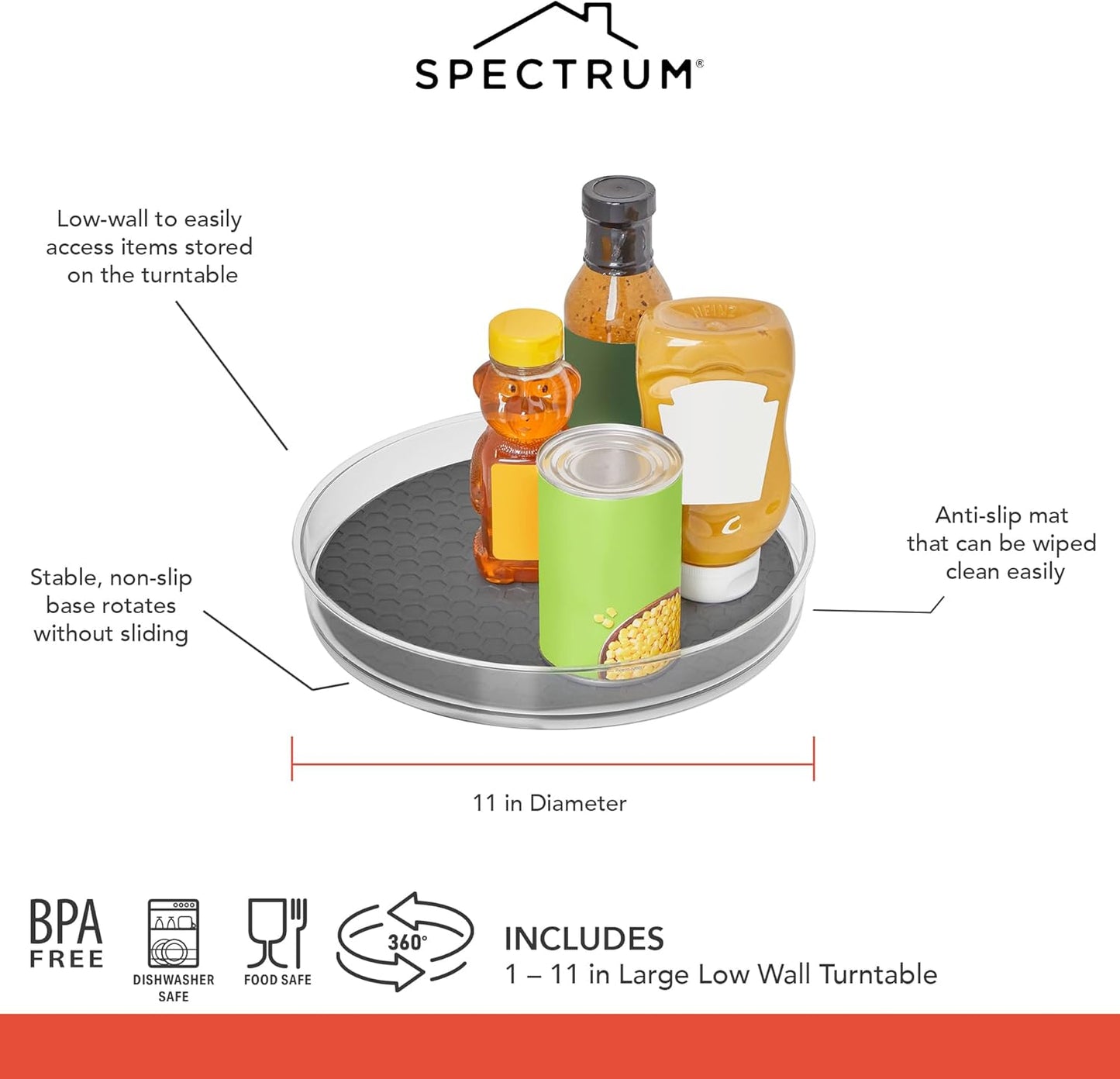 Spectrum Lazy Susan Organizer, Hexa Large 11" - Lazy Susan Turntable for Cabinet, Refrigerator, Pantry, Table, & Shelf - Rotating & Spinning Pantry Organization - Spice Rack Storage for Fridge