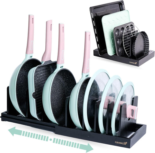 Bamboo Expandable Bakeware and Cutting Board Organizer, Adjustable Pot Lids Holder Rack, Cookie Sheet Baking Pan, Tray Organizer for Kitchen Storage (Black)