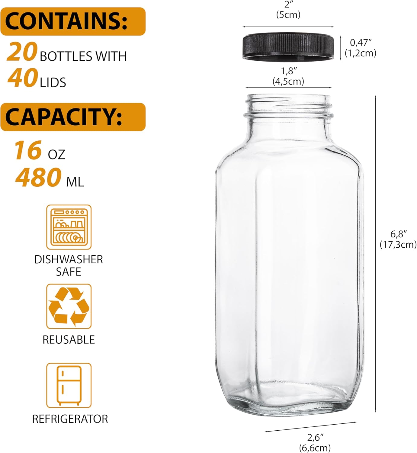 Juice Bottles with Lids, 16 Oz - Set of 20 - Clear Glass Jars with Caps - Reusable Empty Drink Containers for Juicing, Smoothies, Water, Milk, Kombucha Storage, Wellness Shots and More (20)