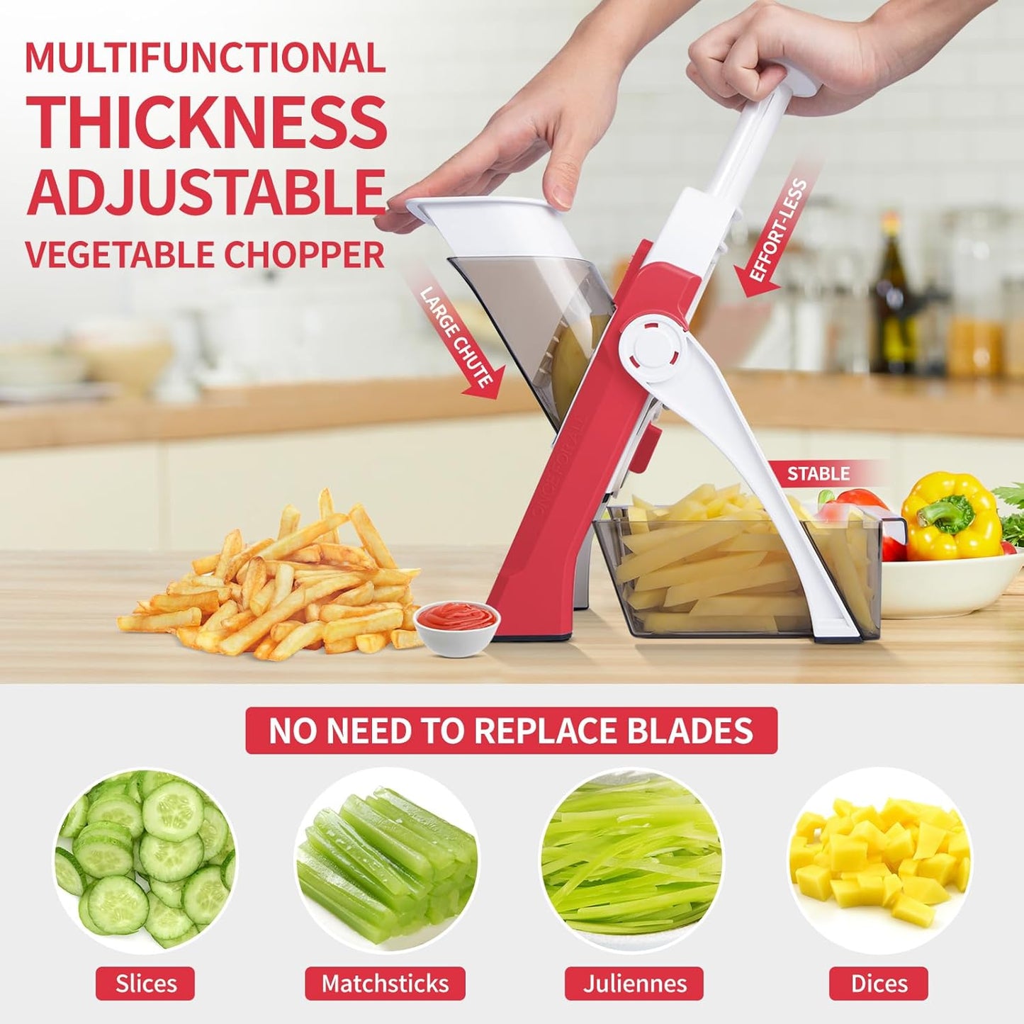 Vegetable Chopper, Safe Mandoline Slicer for Kitchen, Adjustable Thickness Potato Slicer, Manual Food Chopper, Veggie Dicer Kitchen Gadgets Sets (Red)