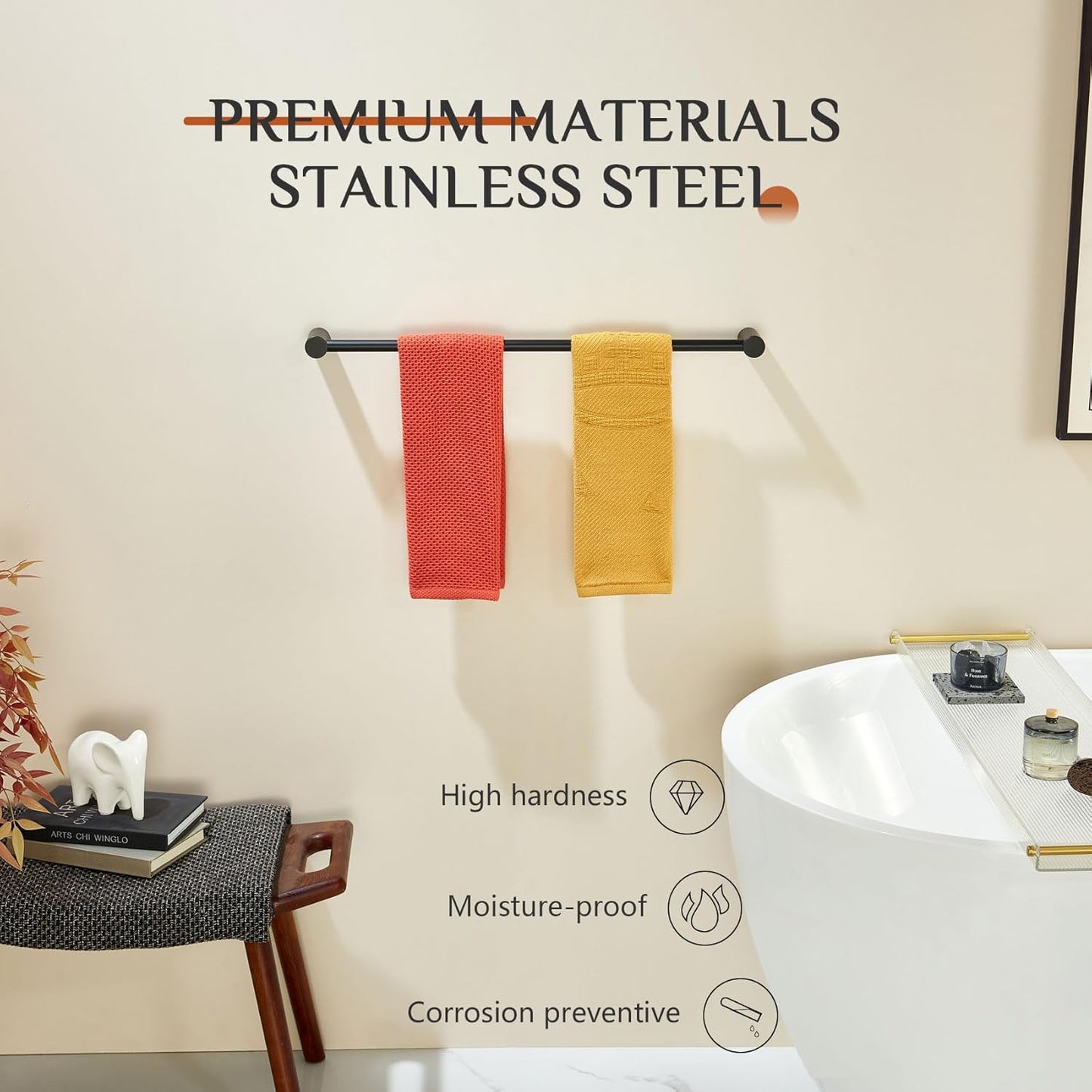 KOKOSIRI Towel Bar Black Bathroom Towel Rack Wall Mounted 24-Inch Single Rail for Lavatory Bathroom Hardware Accessory Stainless Steel, B4007BK-L24