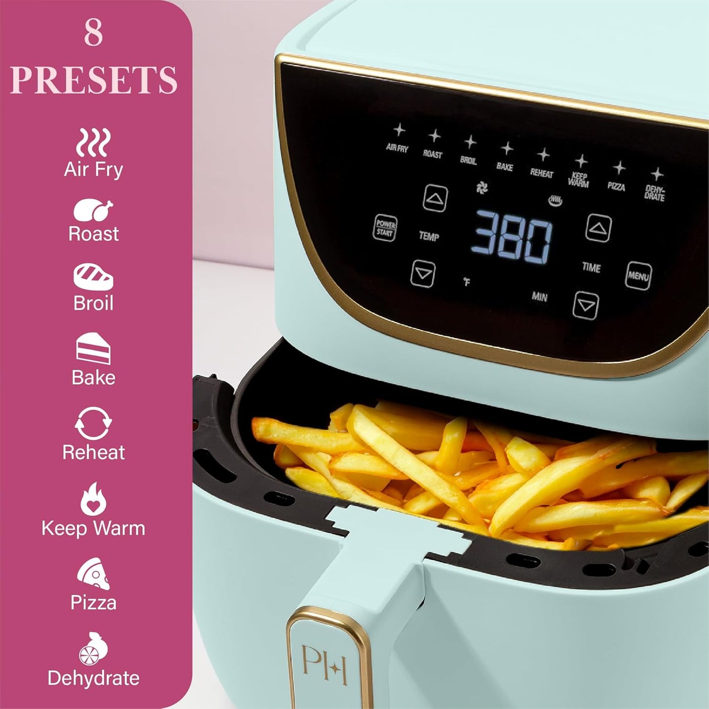 Paris Hilton Air Fryer, Large 6-Quart Capacity, Nonstick Made without PFAS, Touchscreen Display, 8-in-1 (Air Fry, Roast, Broil, Bake, Reheat, Keep Warm, Pizza, Dehydrate), Dishwasher Safe, Aqua