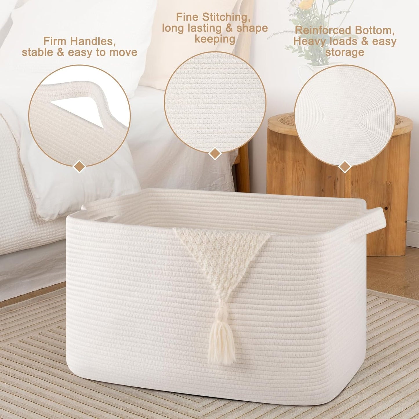 95L Large Storage Basket, Cotton Rope Woven Blanket Basket, Toy Storage for Baby Room, Living Room, 24" x 16.9" x 14.2", White