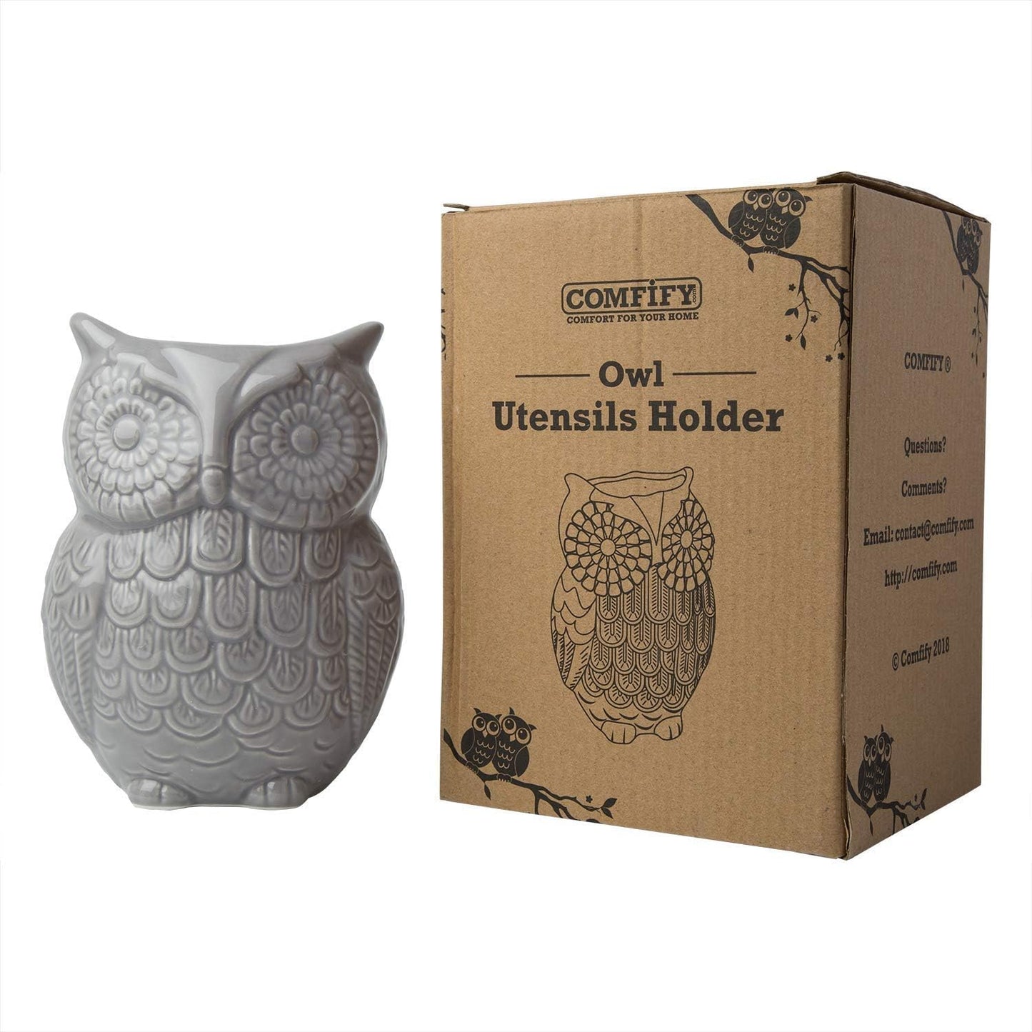 Owl Utensil Holder Decorative Ceramic Cookware Crock & Organizer, in Lovely Grey Color - Utensil Caddy and Perfect Kitchen Ceramic Decor Gift - 5" L x 7" H x 4" W
