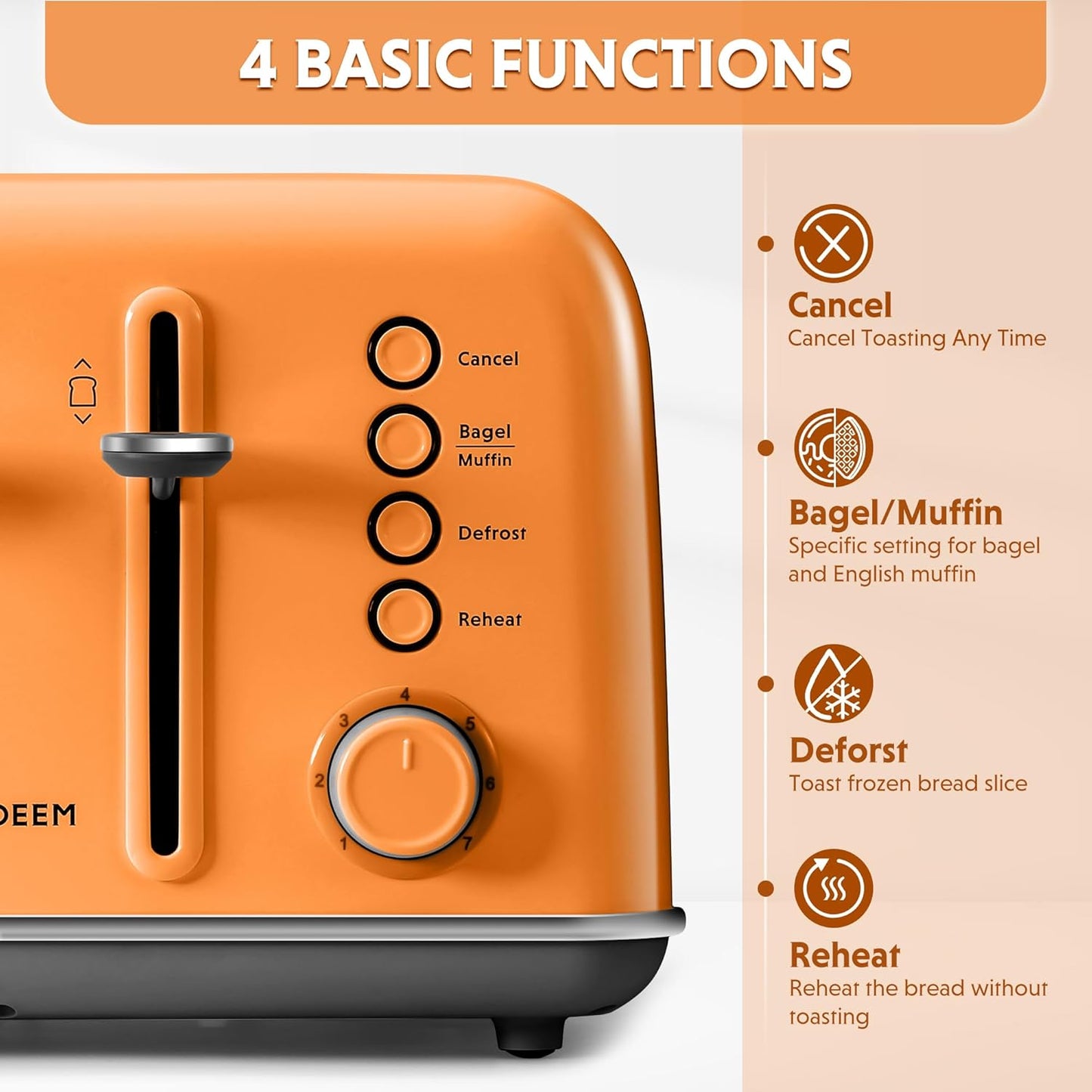 BUYDEEM DT640 4-Slice Toaster, Extra Wide Slots, Retro Stainless Steel with High Lift Lever, Bagel and Muffin Function, Removal Crumb Tray, 7-Shade Settings,Orange