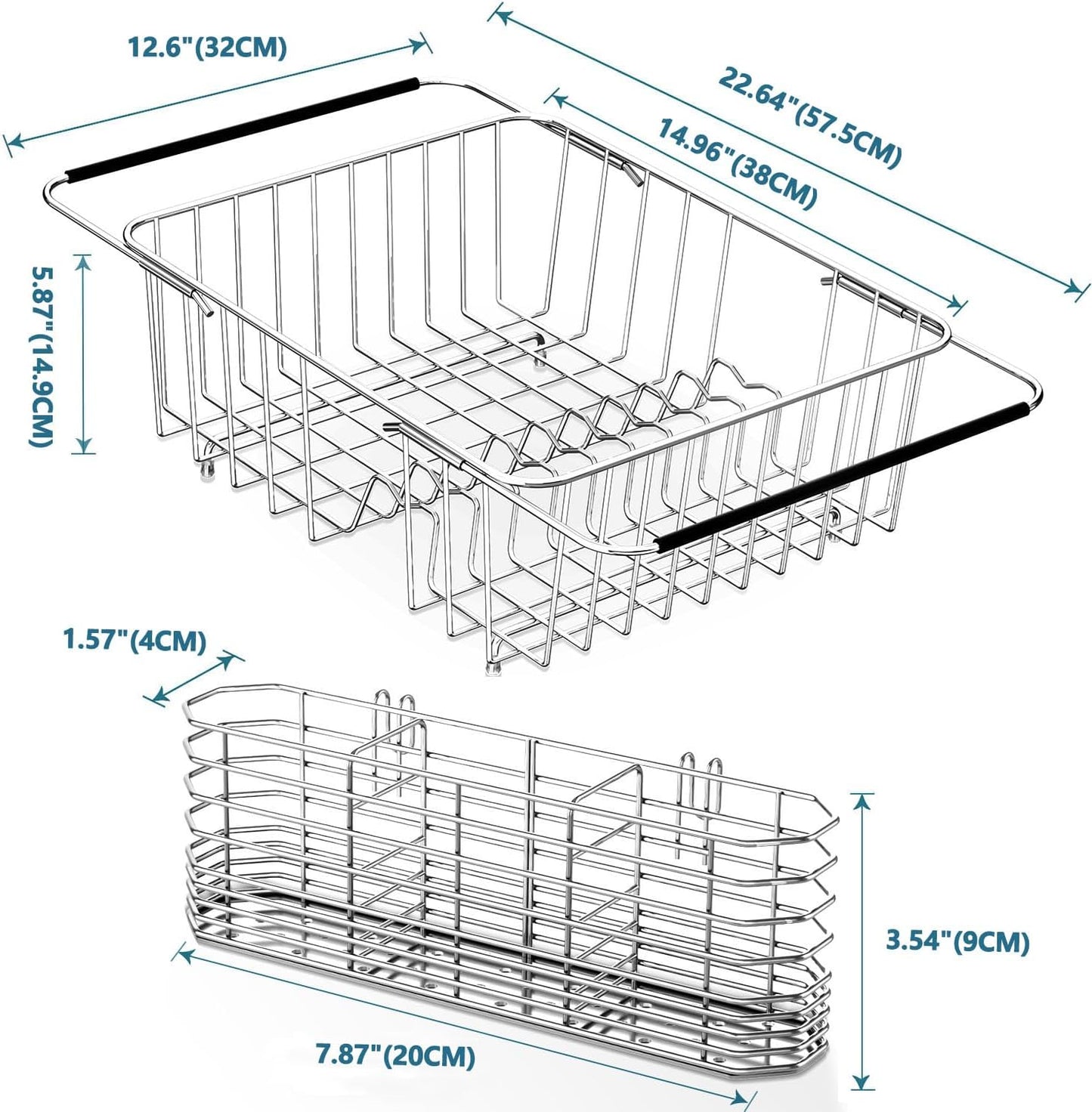 Large Dish Drying Rack in Sink Expandable, Adjustable304 Stainless Steel Metal Dish DrainerRack Organizer with Stainless Steel Utensil Holder Over Inside Sink Counter, Rustproof