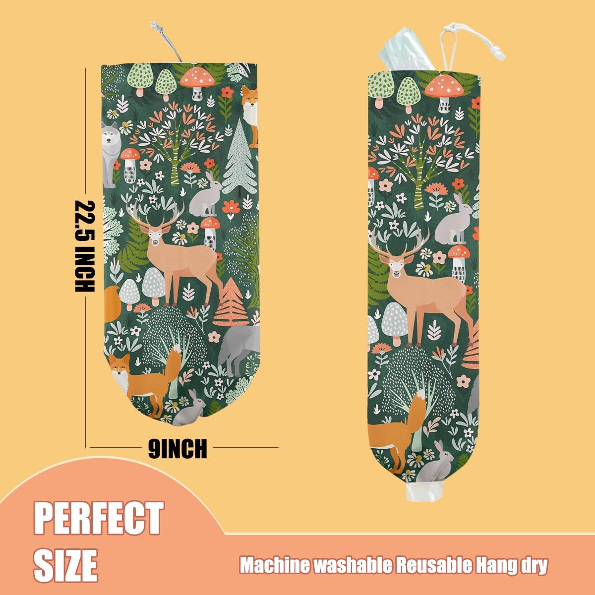 Forest Animals Plastic Bag Holder, Wall Mount Grocery Bag Holder, Plastic Storage bag, Pull Rope Free Adjustment, Plastic Bag Holders for Grocery Bags, Plastic Bag Dispenser for Home Kitchen