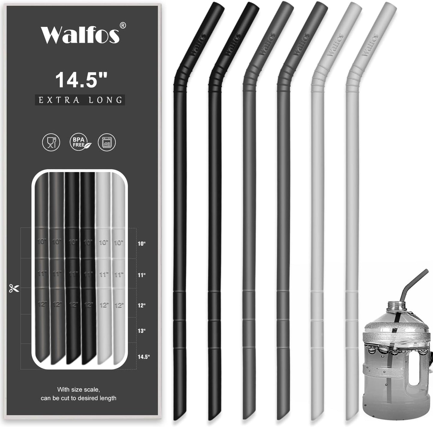 WALFOS Extra Long Reusable Silicone Straws 14.5 inch, Big Sizes Flexible Bendy Straws for 1/Half Gallon Large Water Bottles, 128 75 64 40 OZ Tumbler with Cleaning Brush (6-Pack)