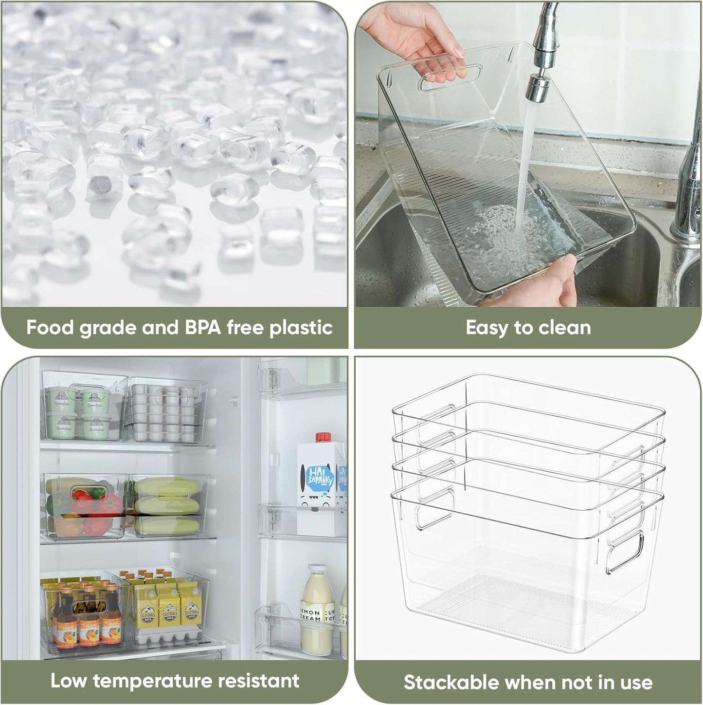 BALEINE Clear Plastic Storage Bins, Pantry Organization, BPA Free Stackable Refrigerator Organizers and Storage with Handles for Kitchen Fridge Cabinet Bathroom (4PK, 9.5x5.5x4.5)