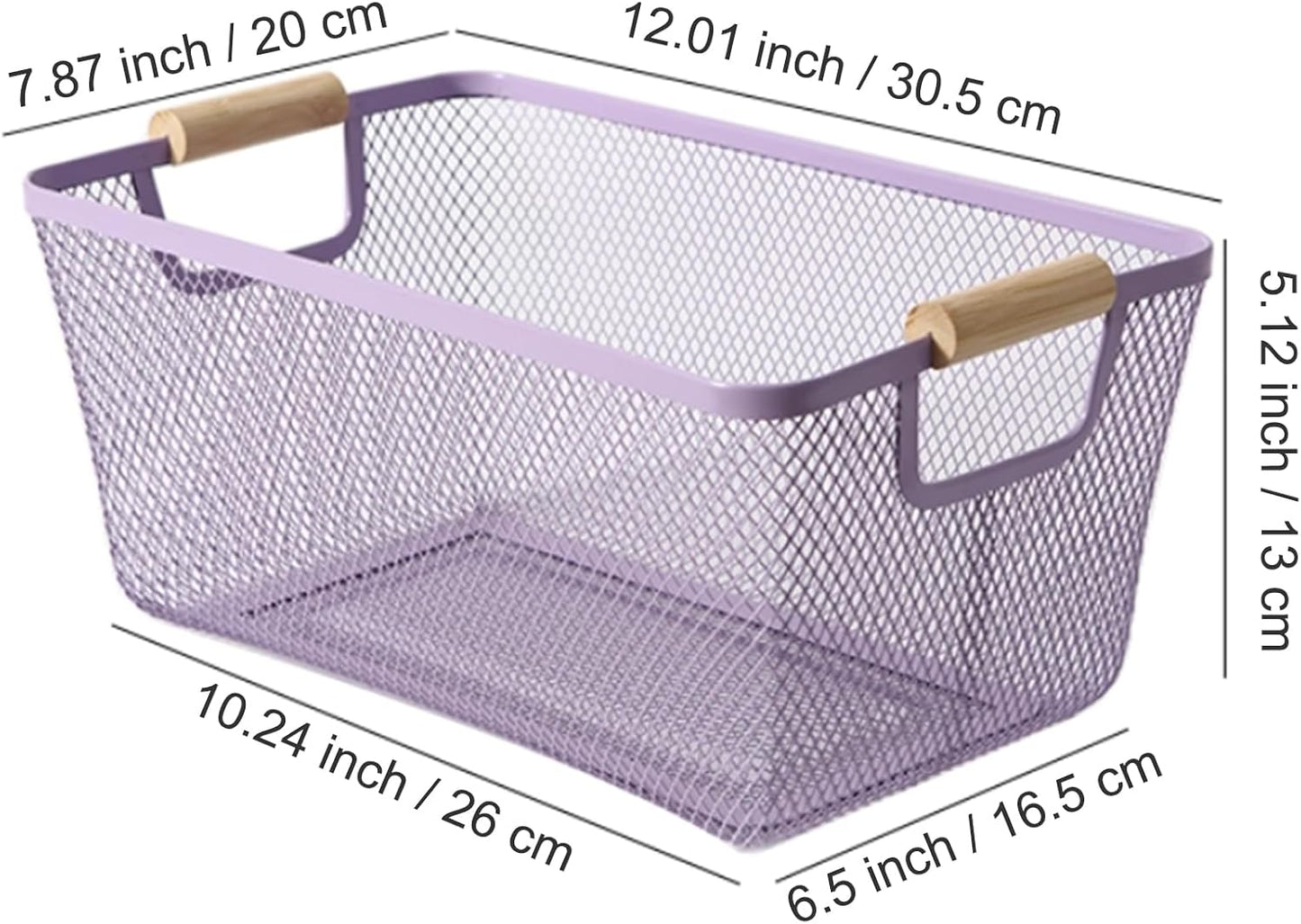 Metal Mesh Steel Basket, Medium Wire Storage Organizer Basket Multi-function Hanging Kitchen Basket with Wood Handle for Kitchen Bathroom Picnic Home, Rectangle-Purple