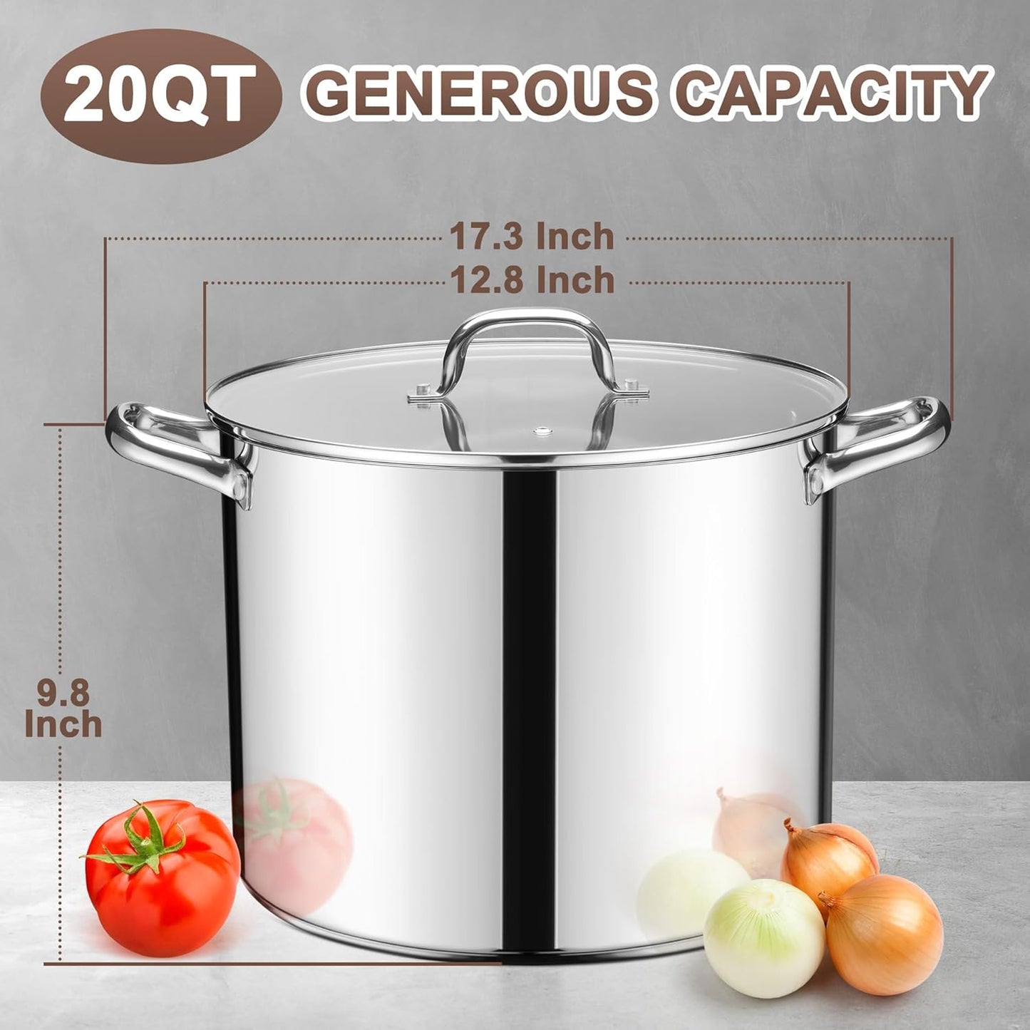 20 Qt Large Stock Pot, E-far Stainless Steel Stockpot with Lid for Boiling Cooking Soup Stew Canning, Heavy Duty Tri-Ply Bottom Works w/Induction, Commercial Grade & Dishwasher Safe