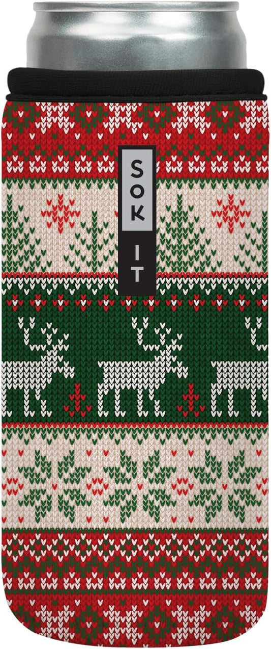 Sok It CanSok Sleeve for Beer & Soda Insulated Neoprene Cover (Holiday Sweater, 12oz Slim Can Sleeve)