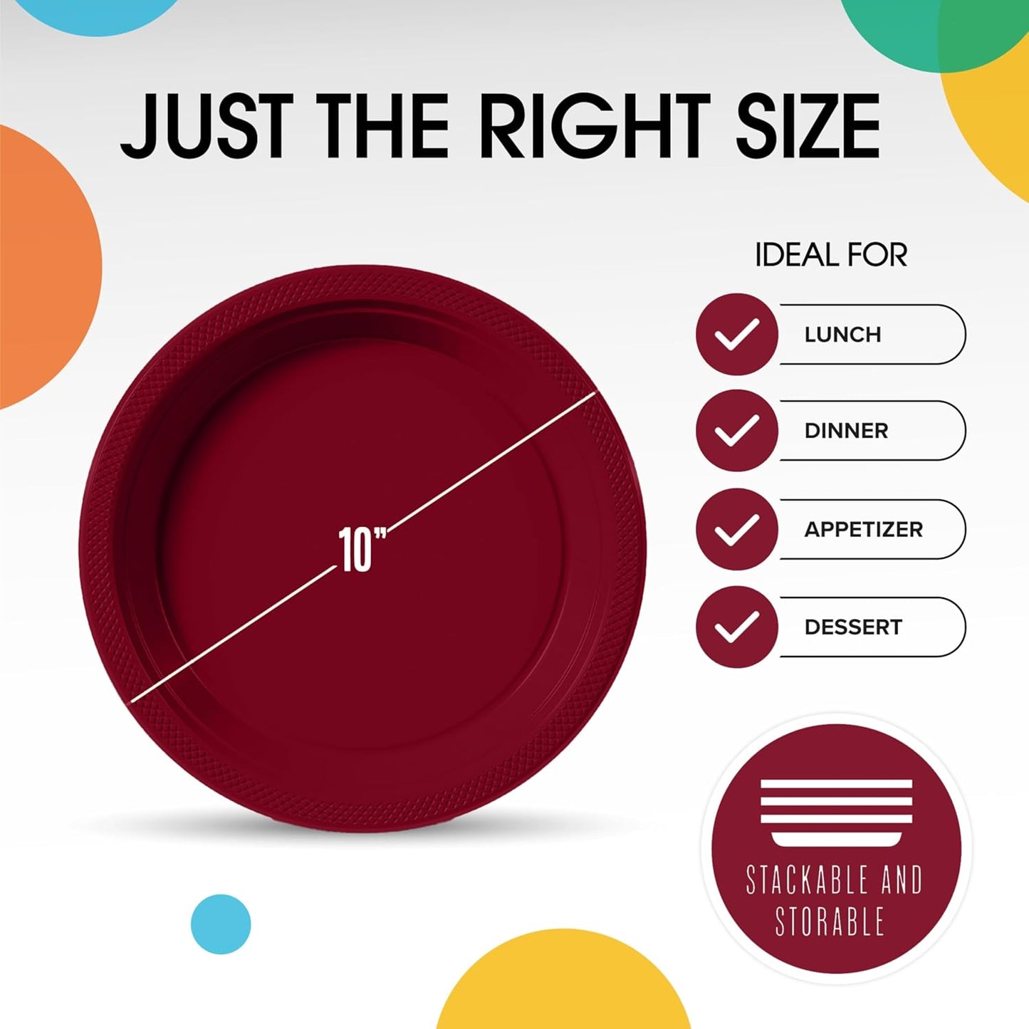 Exquisite Party Solids Burgundy Plastic Plates For Party 10" Burgundy Disposable Plates Heavy Duty Supplies 100 Pcs Plastic Dinnerware Sets Heavy Duty 350 GSM Disposable Dinnerware Set