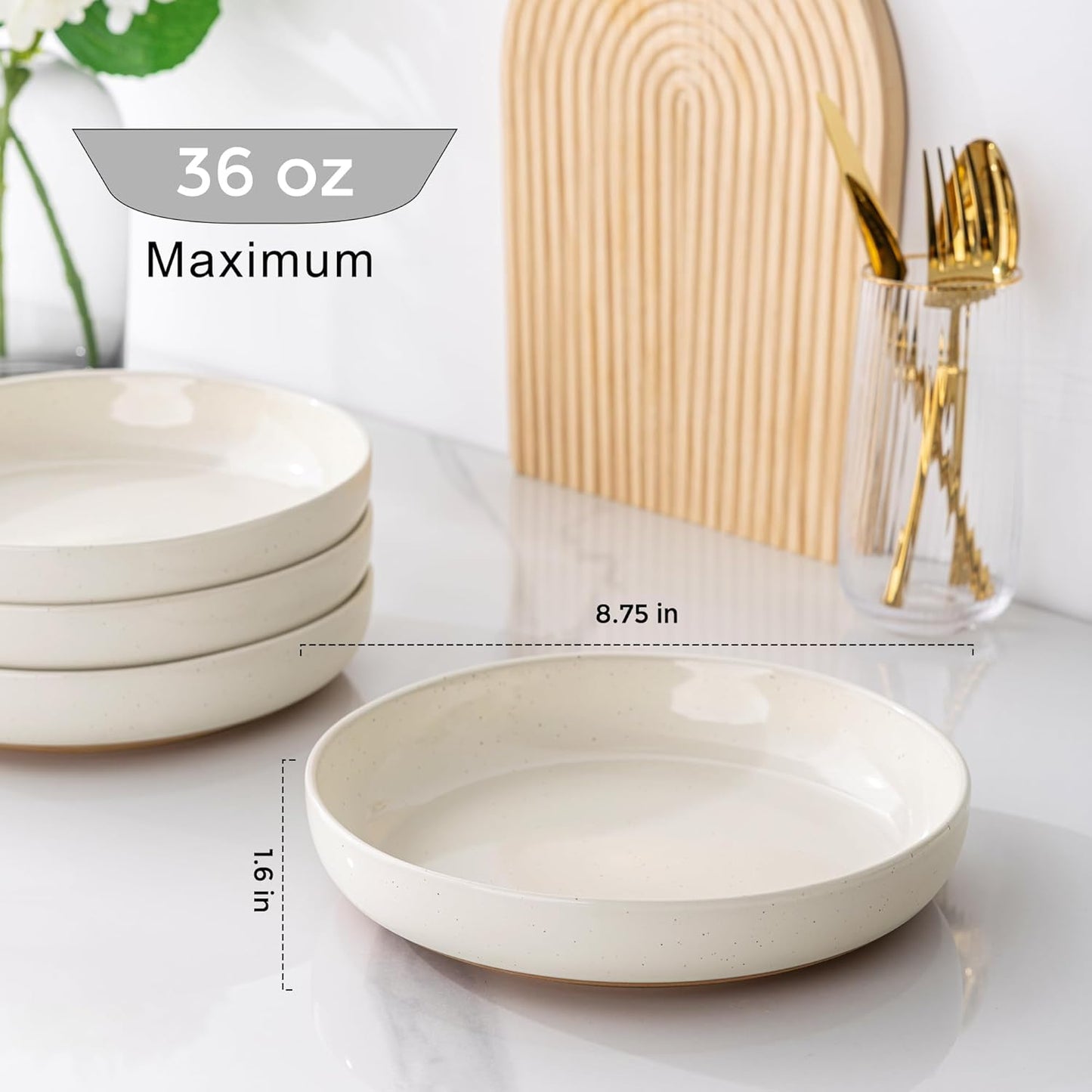 AmorArc 8.75'' Large Ceramic Pasta Bowls, 36oz Handpainted Stoneware Bowls Set of 4, Microwave&Dishwasher Safe Bowls with Wavy Rim&Rustic Terracotta Underside for Pasta Salad, Light Beige
