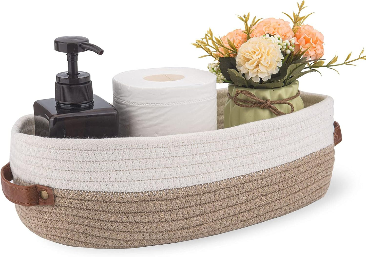 Cotton Rope Bathroom Decor Basket,Toilet Paper Holder Basket,Farmhouse Home Decor Organizing Baskets 13"x5.9"x4" Brown Stitching White