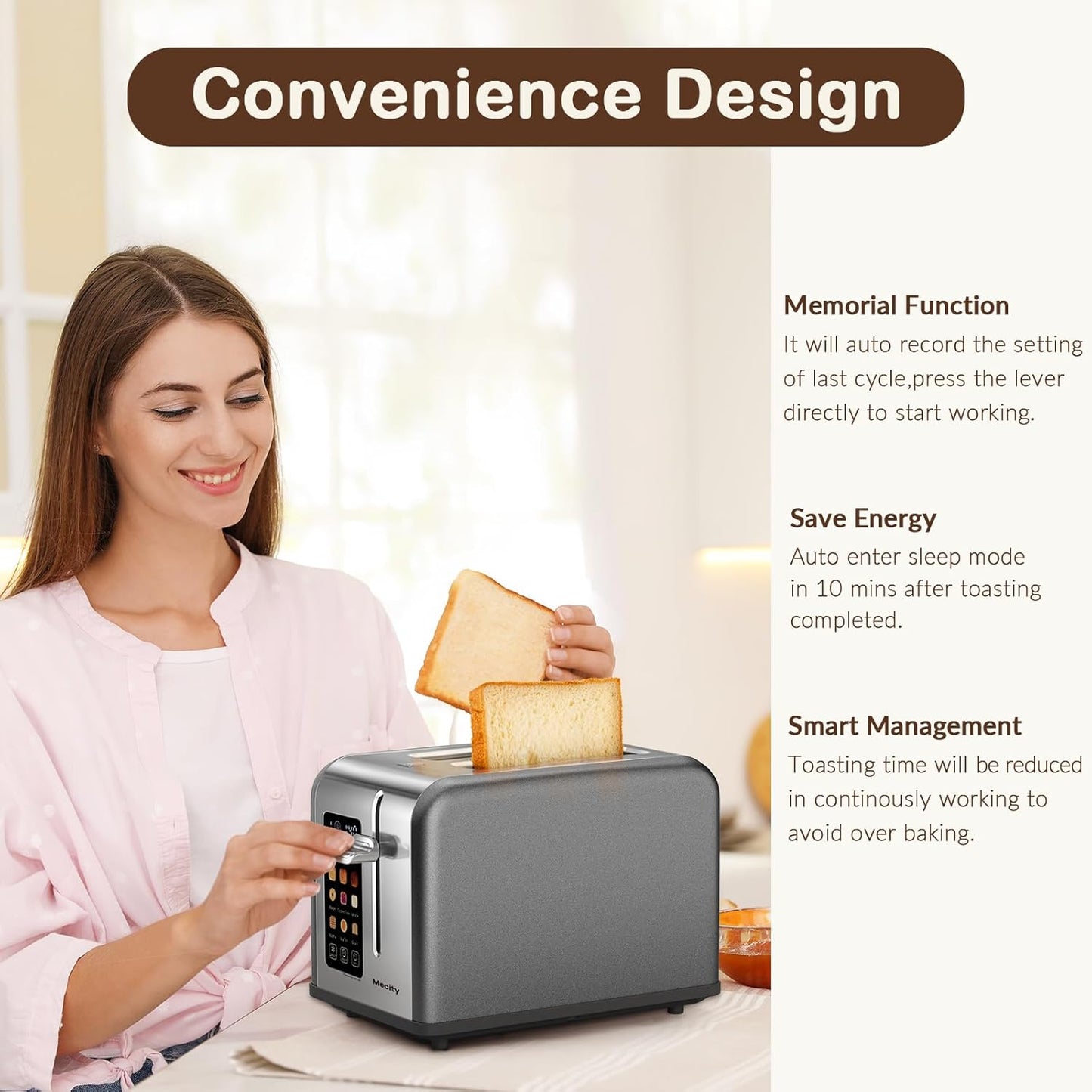 Mecity 2 Slice Touch Screen Toaster, 1.5" Wide Slot, Stainless Steel Smart Toaster for Bagels, Muffins, Waffles, Gluten-Free Breads, Defrost, Reheat, Timer, 120V 825W, Pearl Grey