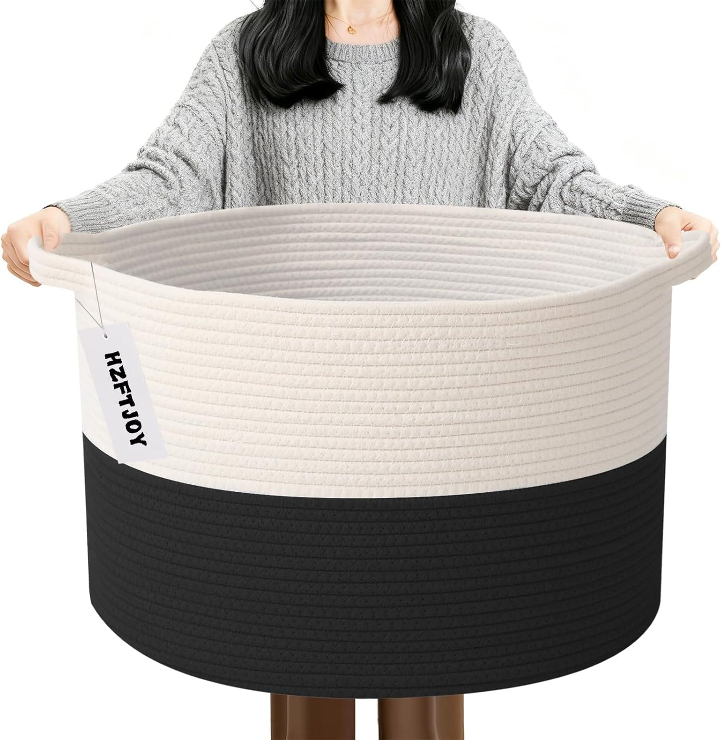 Large Blanket Basket for Organizing,115L Closet Organizers and Storage Bins Box for Shelves Woven Rope Storage Baskets,Living Room,Bedroom,Dorm,Laundry room (White&Black)