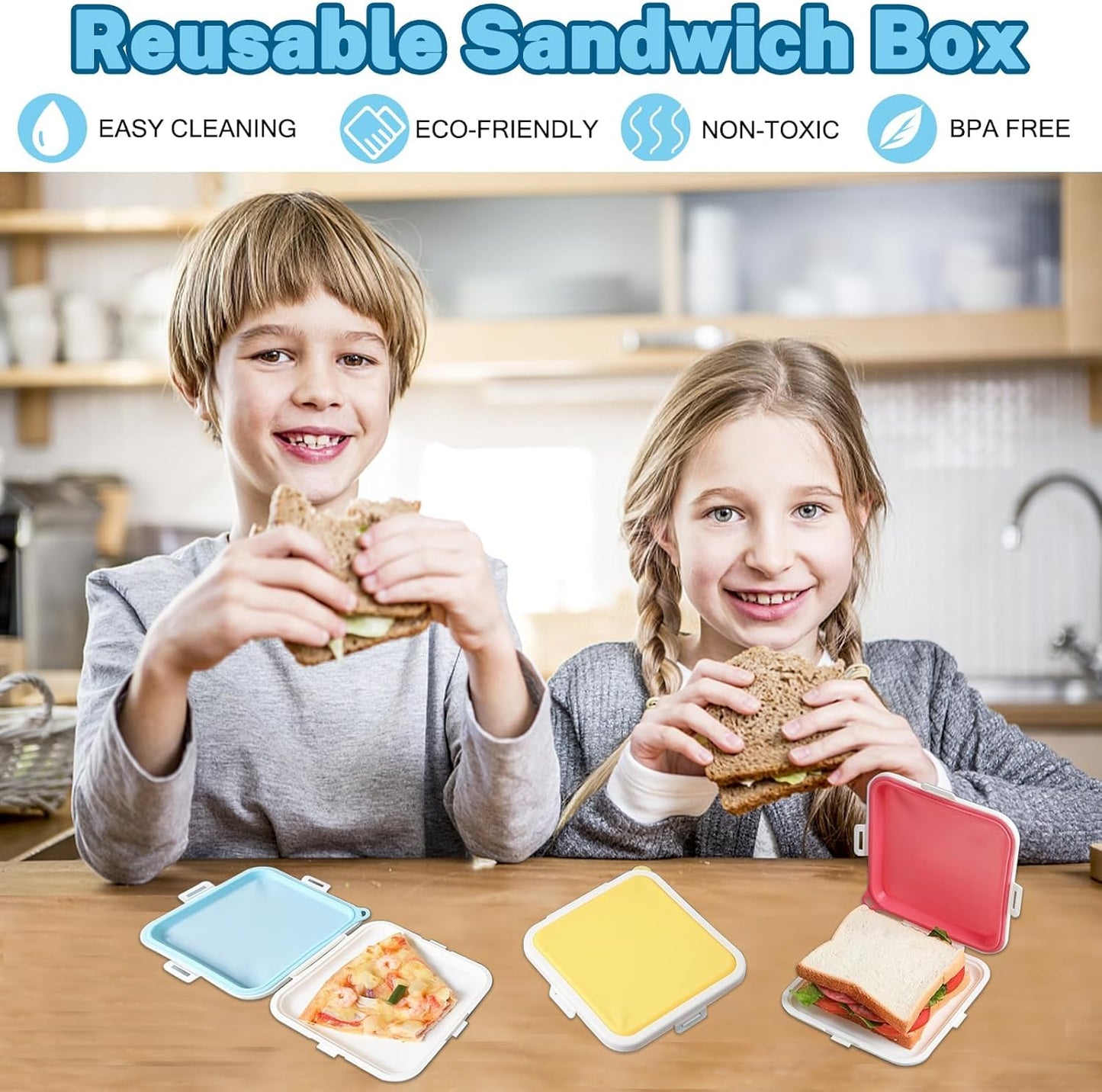 Sandwich Containers, Silicone Sandwich Storage with Snap-Off,Sandwich Box for Lunch,BPA Free,Leakproof, Reusable Plastic Sandwich Holder for Fruit,Salad,Snacks and Food Storage (blue)