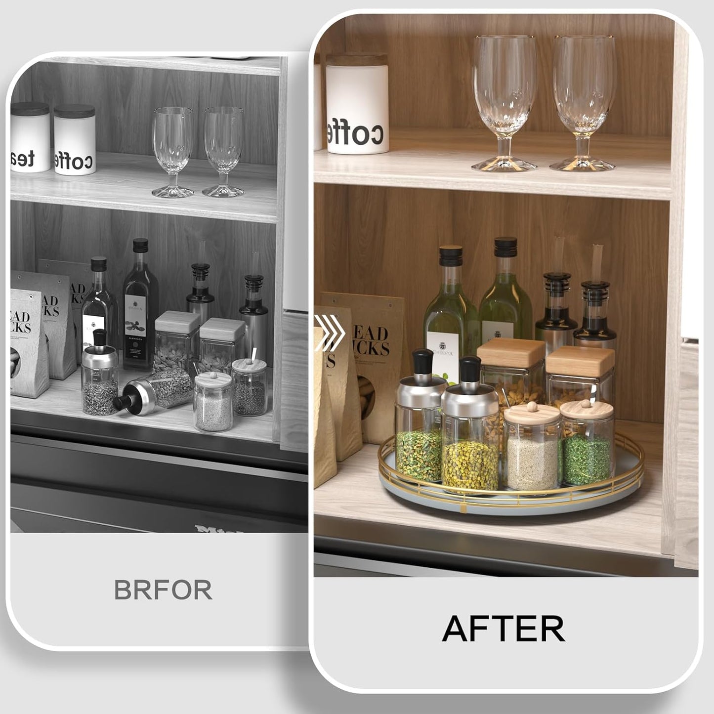 13" Wooden Lazy Susan Turntable for Cabinet – Round Rotating Spice Rack Organizer, Gray Kitchen Countertop Tray for Dining Table & Pantry Storage（Gray & Gold）