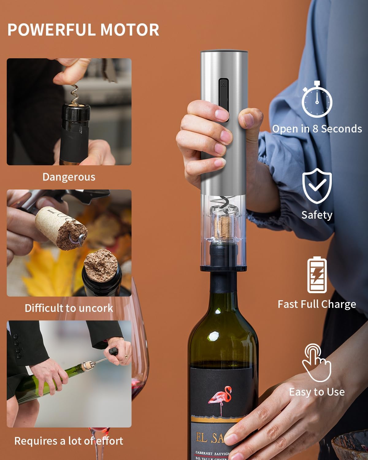 CIRCLE JOY 5-in-1 Electric Wine Opener Set Rechargeable Stainless Steel Automatic Corkscrew Wine Bottle Opener Set with Foil Cutter, Wine Aerator Pourer, Vacuum Wine Stopper and Storage Base, Silver