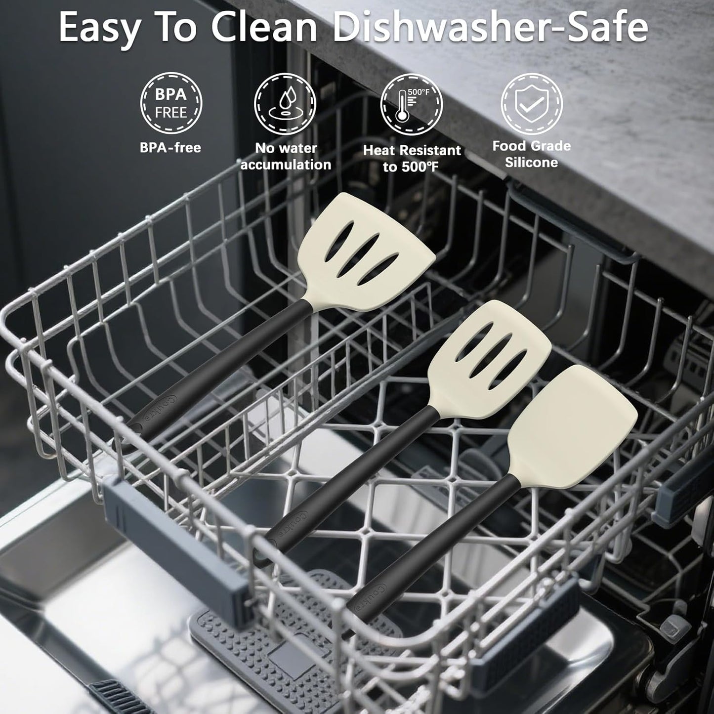 Coukre Silicone Kitchen Cooking Utensils Set with Holder – Heat-Resistant, Food-Grade Kitchen Tools, Spatula, Spoon & Gadgets for Non-Stick Pans, Dishwasher Safe (14, Beige)