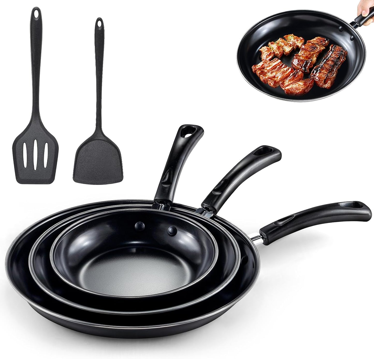 Nonstick Frying Pans Set of 3 - Carbon Steel Frying Pan with PFOA-Free Coating, Stay-Cool Handle, Oven & Dishwasher Safe, Include 2 Spatulas & 7.9, 10.2, 11.8 Inch Skillets for All Stovetops