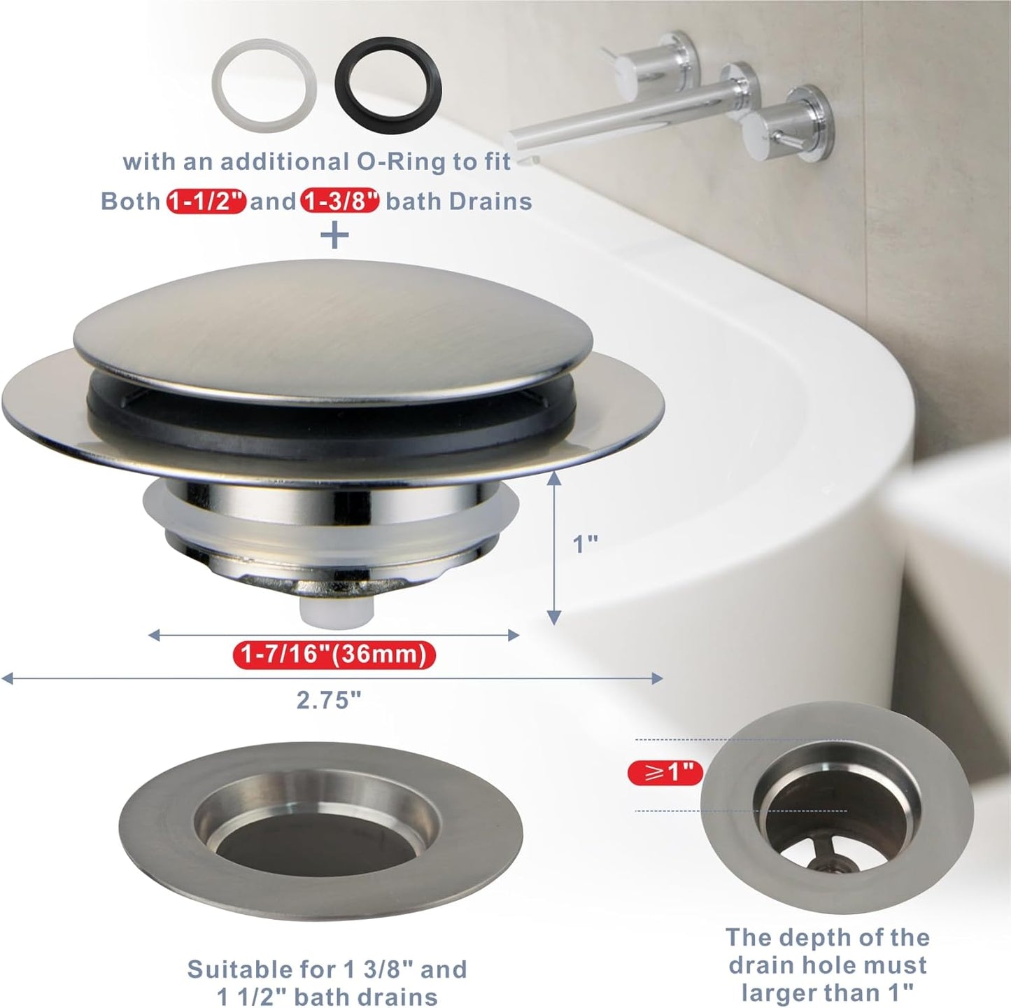 Brushed Bathtub Drain Stopper,Universal Pop Up Bath Drain, Hidrop Tip Toe Tub Drain Stopper,Conversion Kit Assembly, Replaces Lift and Turn,Tip-Toe and Trip Lever drains for Tub, EZ Install(Brushed)