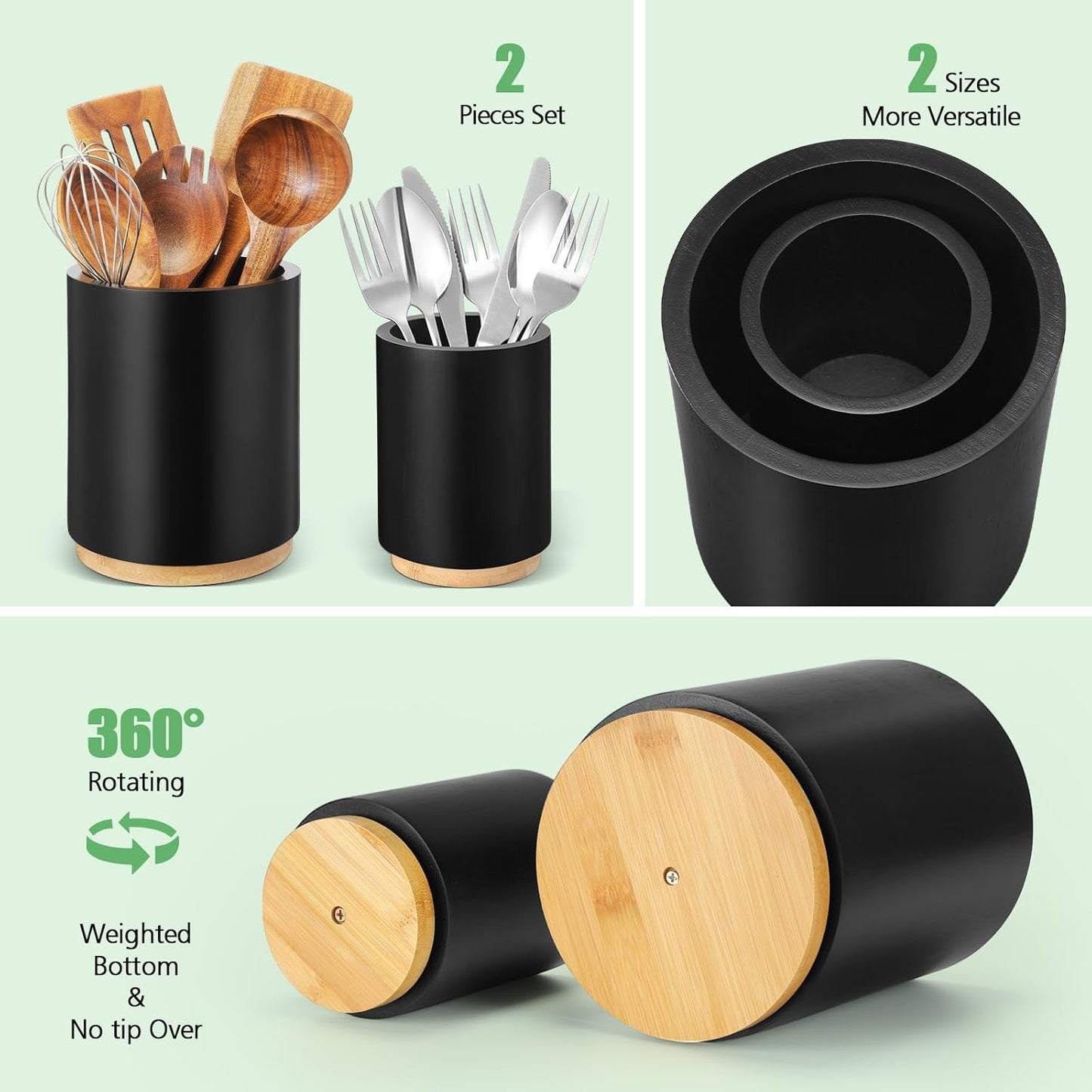 2 Pack Wooden Utensil Holder, 360°Rotating Kitchen Cooking Utensil Crock, Spoon Spatula Holder for Kitchen Counter, Farmhouse Countertop Organizer(Black,Round)