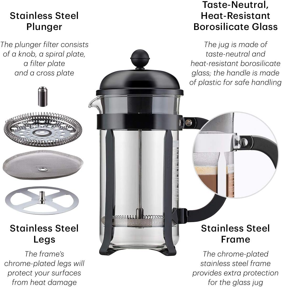Bodum 34oz Chambord French Press Coffee Maker, High-Heat Borosilicate Glass, Stainless Steel, White – Made in Portugal