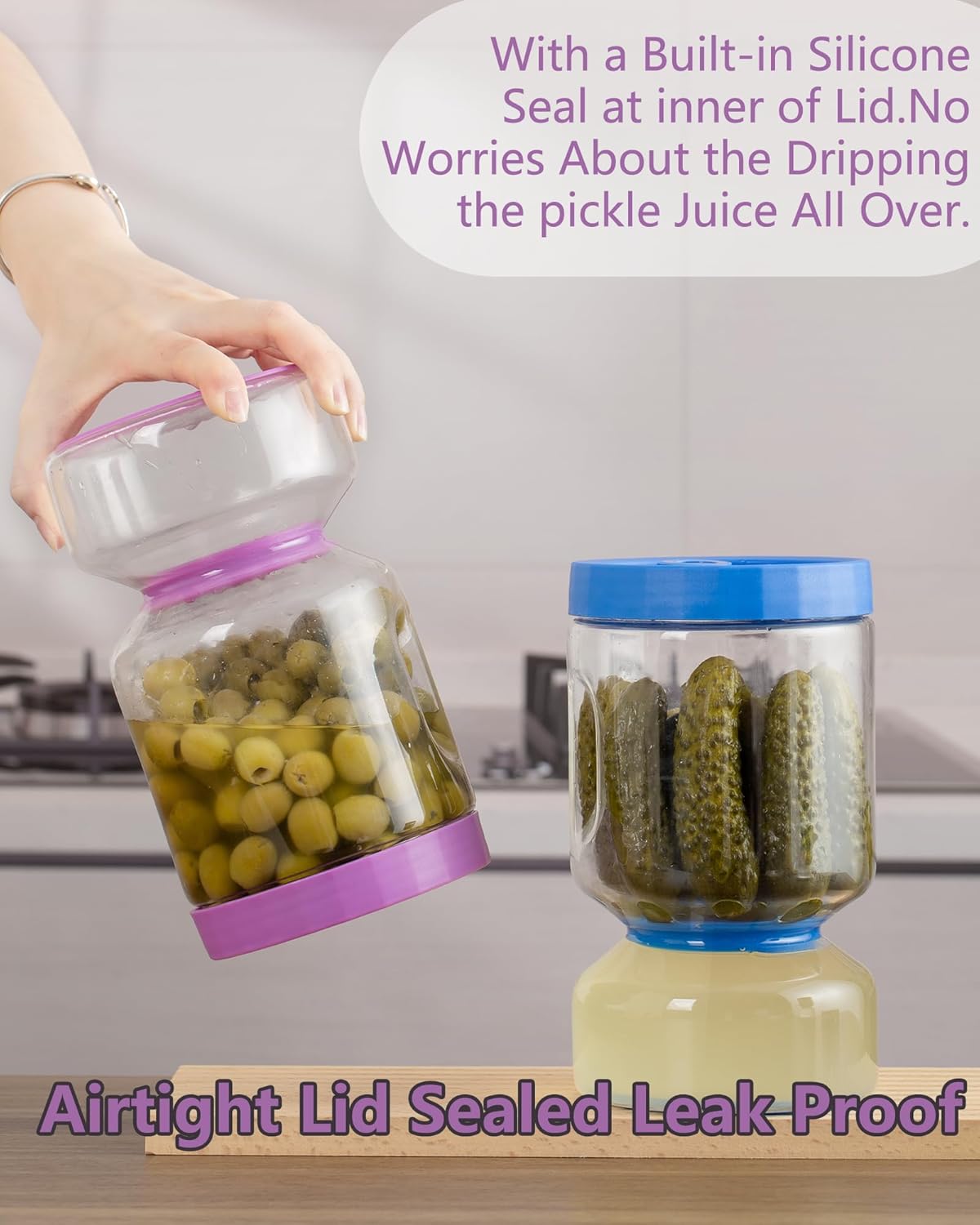 ZENS Pickle Jar with Strainer Flip, 2 Pack 51oz Pickle Container Pickle Juice Separator Hourglass Jar for Olive Keeper, Leakproof Pickle Holder Jars for Pickling Dill Sliced Storage, Gifts for Mom