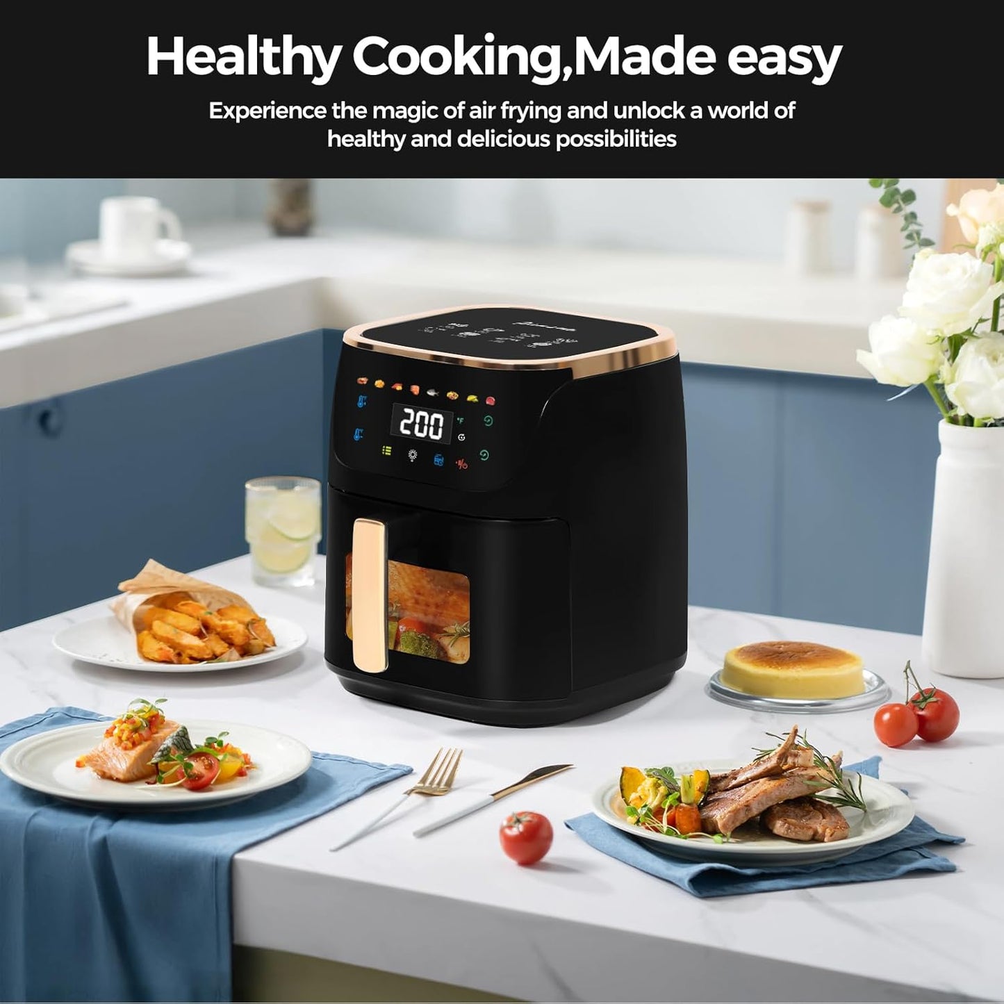 Panana 8QT Large Air Fryer Compact, 8 Preset Menus Airfryer, One-Touch Digital Control Presets, Touchscreen Display, Dishwasher Safe, Nonstick, Fit for Family (Black)