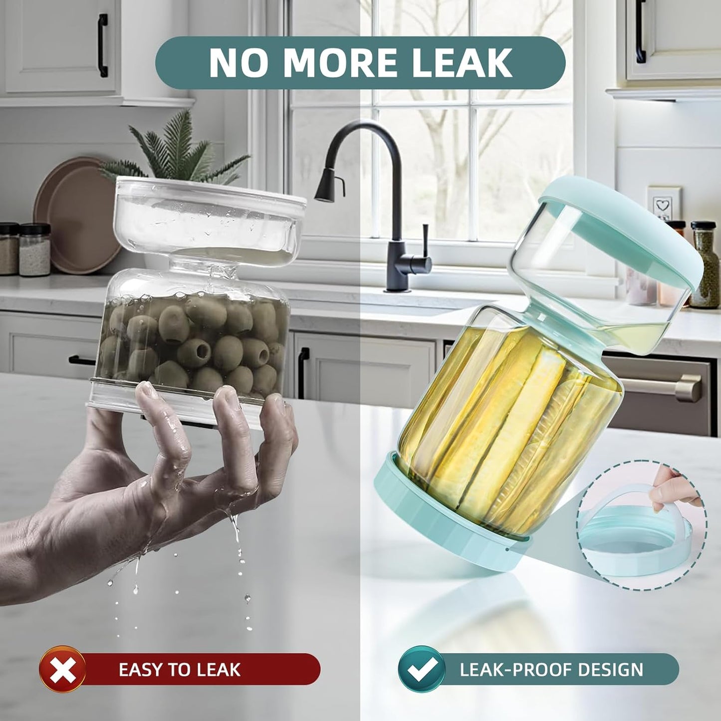 Luvan Hourglass Pickle Jar with Strainer Flip - 46oz Glass Container for Pickles, Olives & Jalapenos, Leakproof Airtight Lid, BPA-Free Juice Separator, Dishwasher Safe Storage Solution