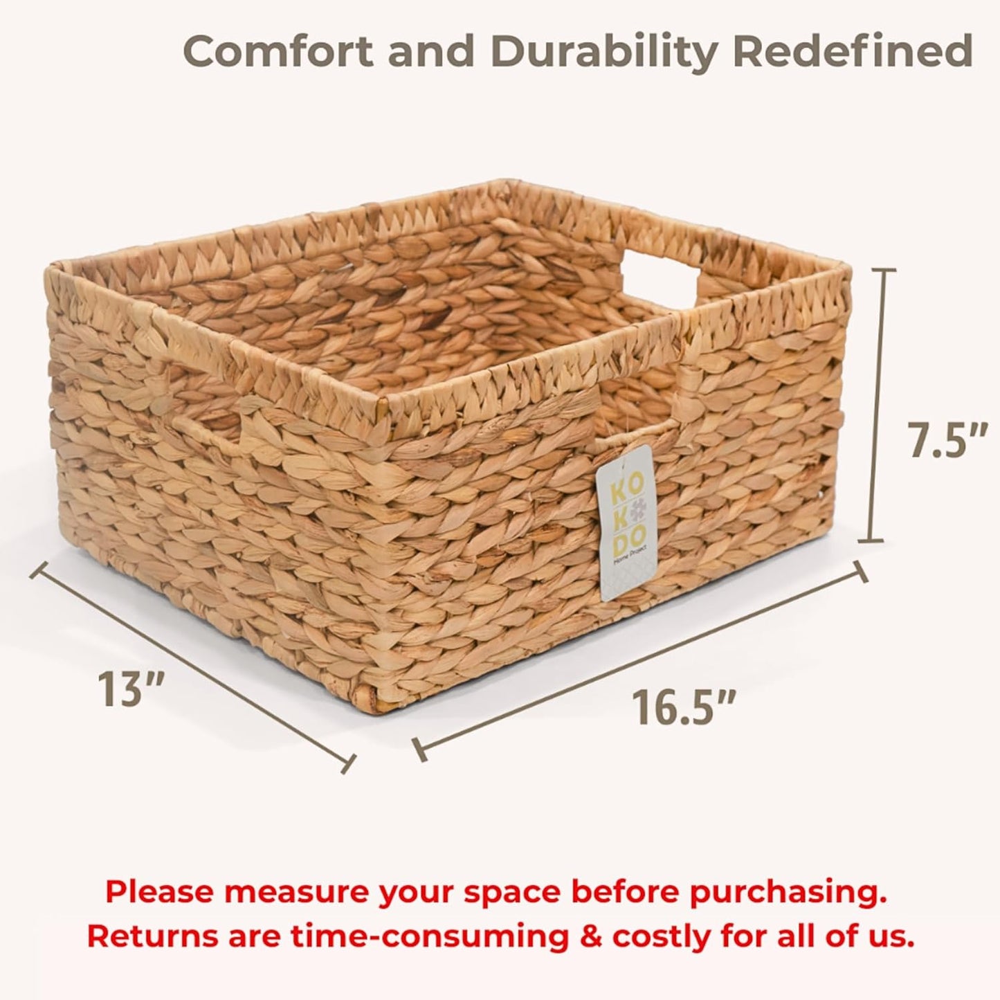KOKODO 16.5"Lx13"W Large Wicker Storage Baskets with Chalkboard, Stylish and Durable Water Hyacinth Rectangle Handwoven Basket Bin with Metal Frame & Handle for Room Organizing