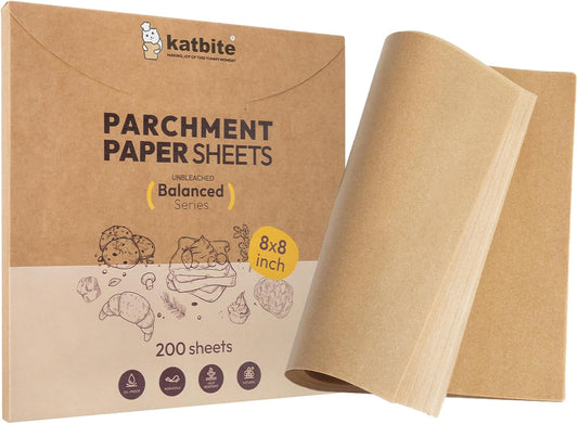 Katbite 200 Pcs Parchment Paper, 8 x 8 Inch Unbleached Baking Paper, Oil Resistant & Easy Clean, Non-Stick Precut Parchment Paper Sheets for Baking Square, Cooking, Air Fryer [Balance Series]