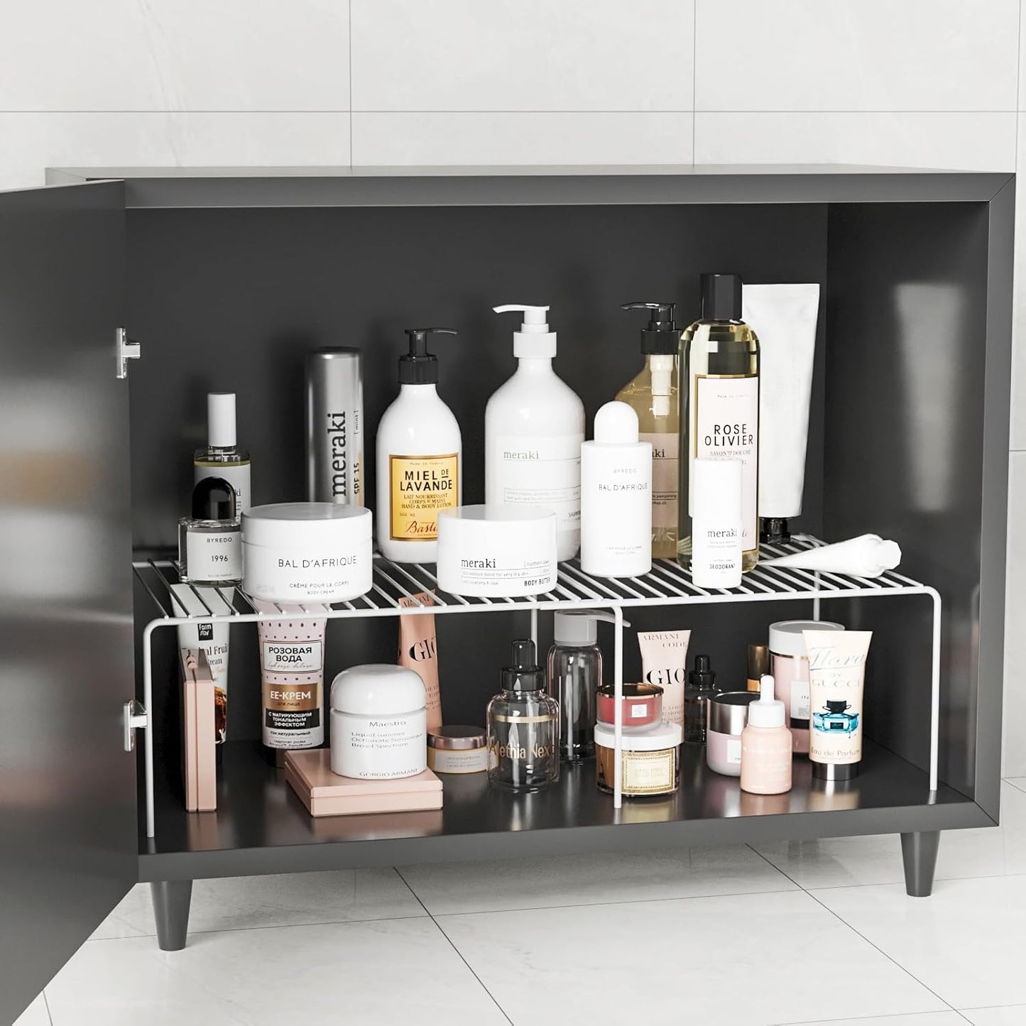 Expandable Storage Shelf, Pantry Organizers and Storage, Adjustable Rustproof Metal Wire Spice Rack, Space Saver Kitchen Storage Shelves for Pan, Pot, Countertop, Drawer, Fridge, Set of 2, White