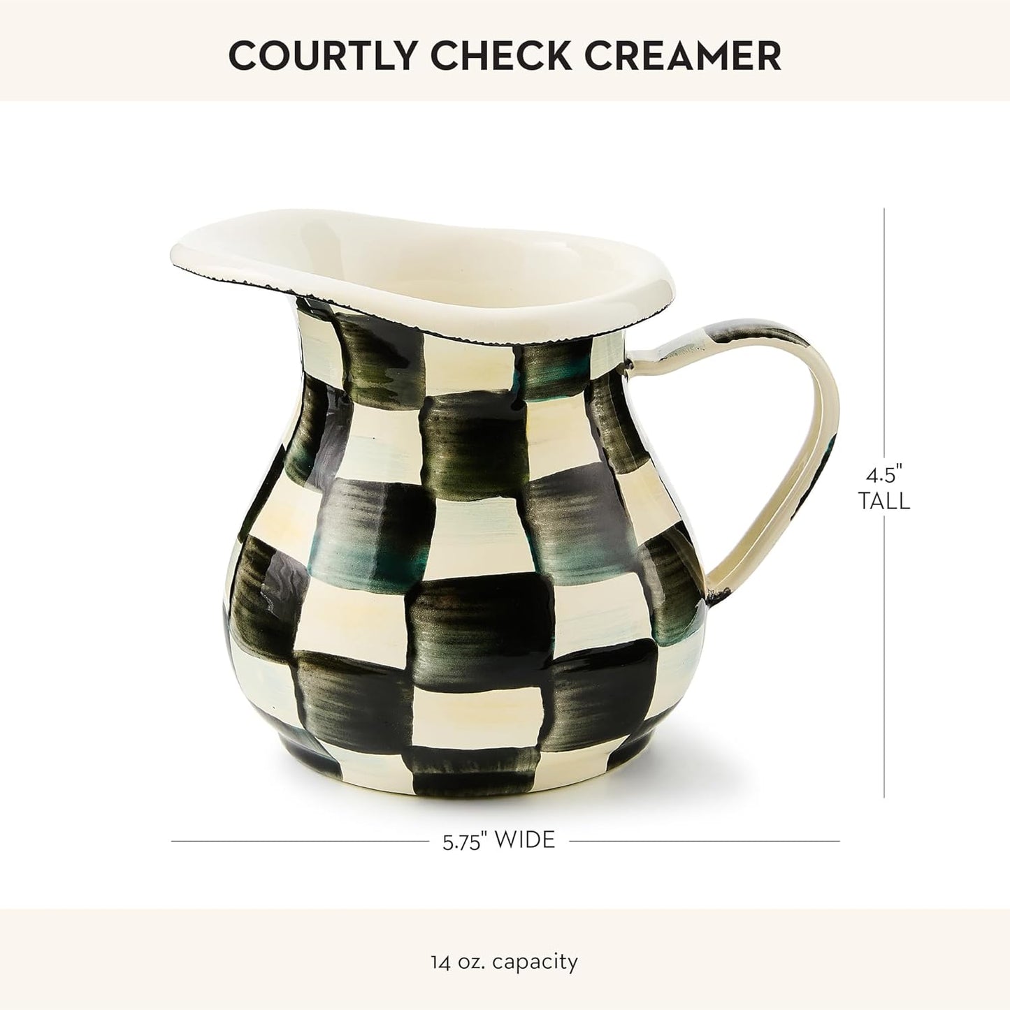 MACKENZIE-CHILDS Enamel Creamer, Creamer Dispenser with Pour Spout, Kitchen Enamelware, 14-Ounce Capacity, Black-and-White Courtly Check