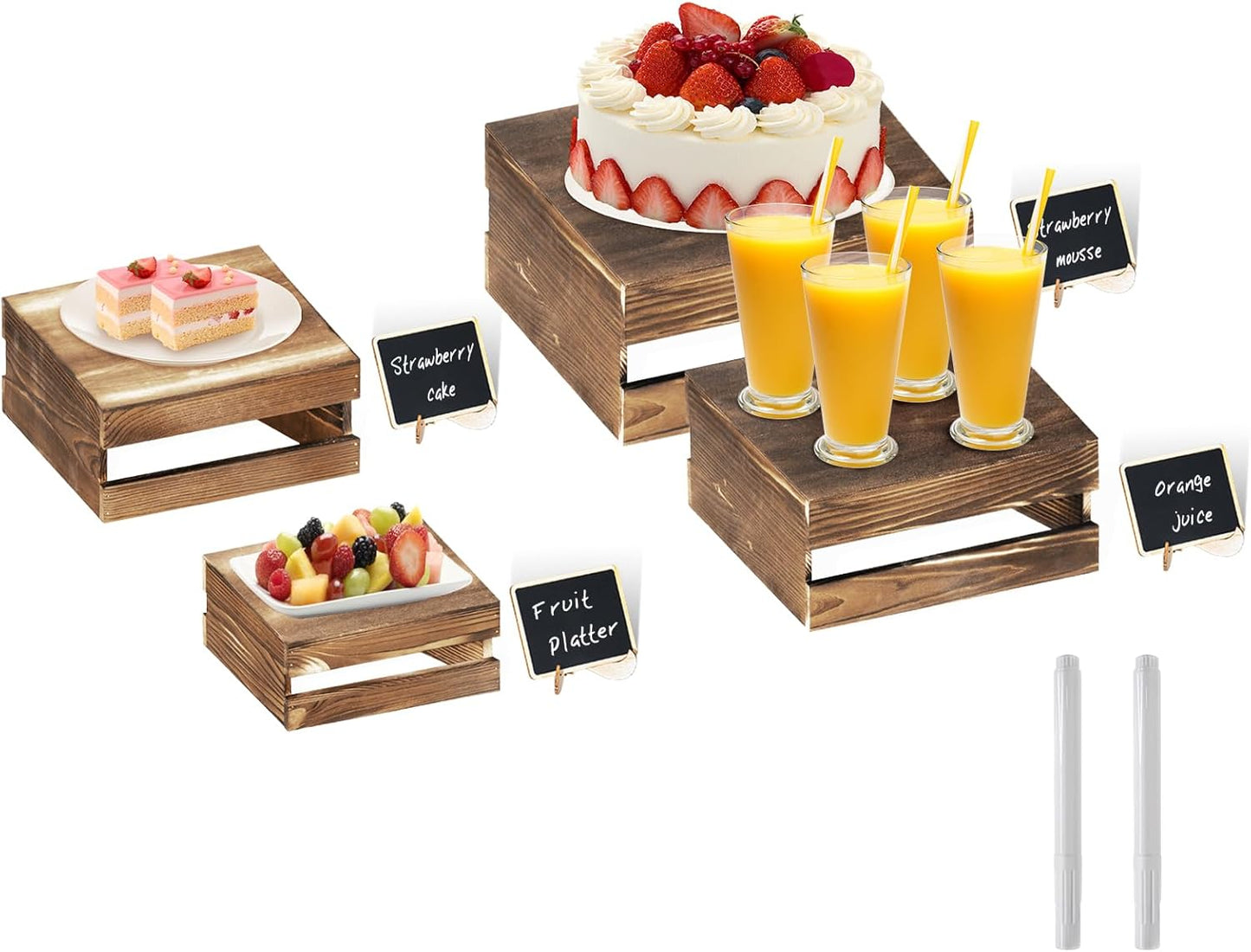 4 Pcs Buffet Risers with Mini Signs, Rustic Wood Cake Stands, Food Risers for Buffet Table, Dessert Display Stand, Wood Crates, Rustic Cake Stand for Party, Wedding, Birthday, Baby Shower, 4 Sizes