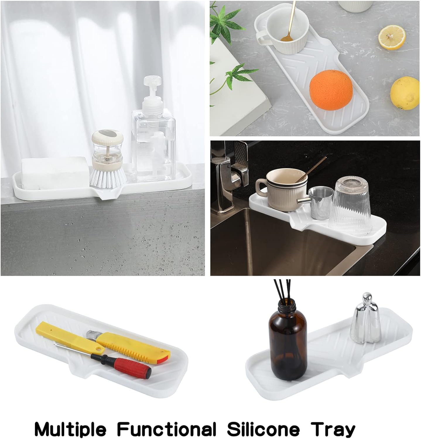 Silicone Bathroom Soap Dishes with Drain Spout-Bathroom and Kitchen Sink Organizer,Sponge Holder,Dish Soap Tray,Perfect for Dispenser,Scrubber,Bottle,Cup on Sink or Counter-White 12"×4"