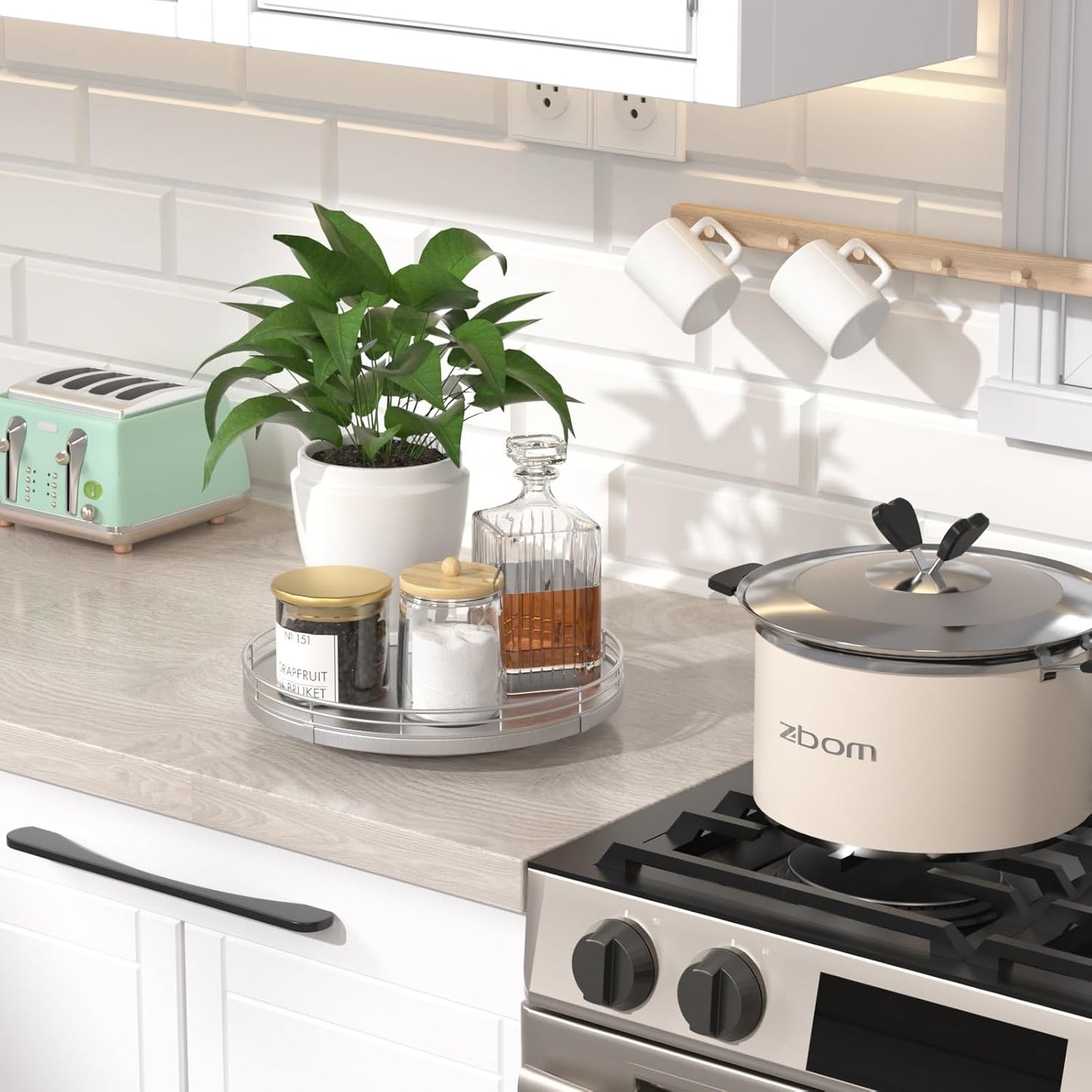 9" Silver Lazy Susan for Table Top, Oak Wood Lazy Susan Turntable Organizer for Dining Coffee Table Centerpiece Bar Decor Kitchen Countertop Bathroom Vanity Decorative Tray for Perfume Jewelry Round