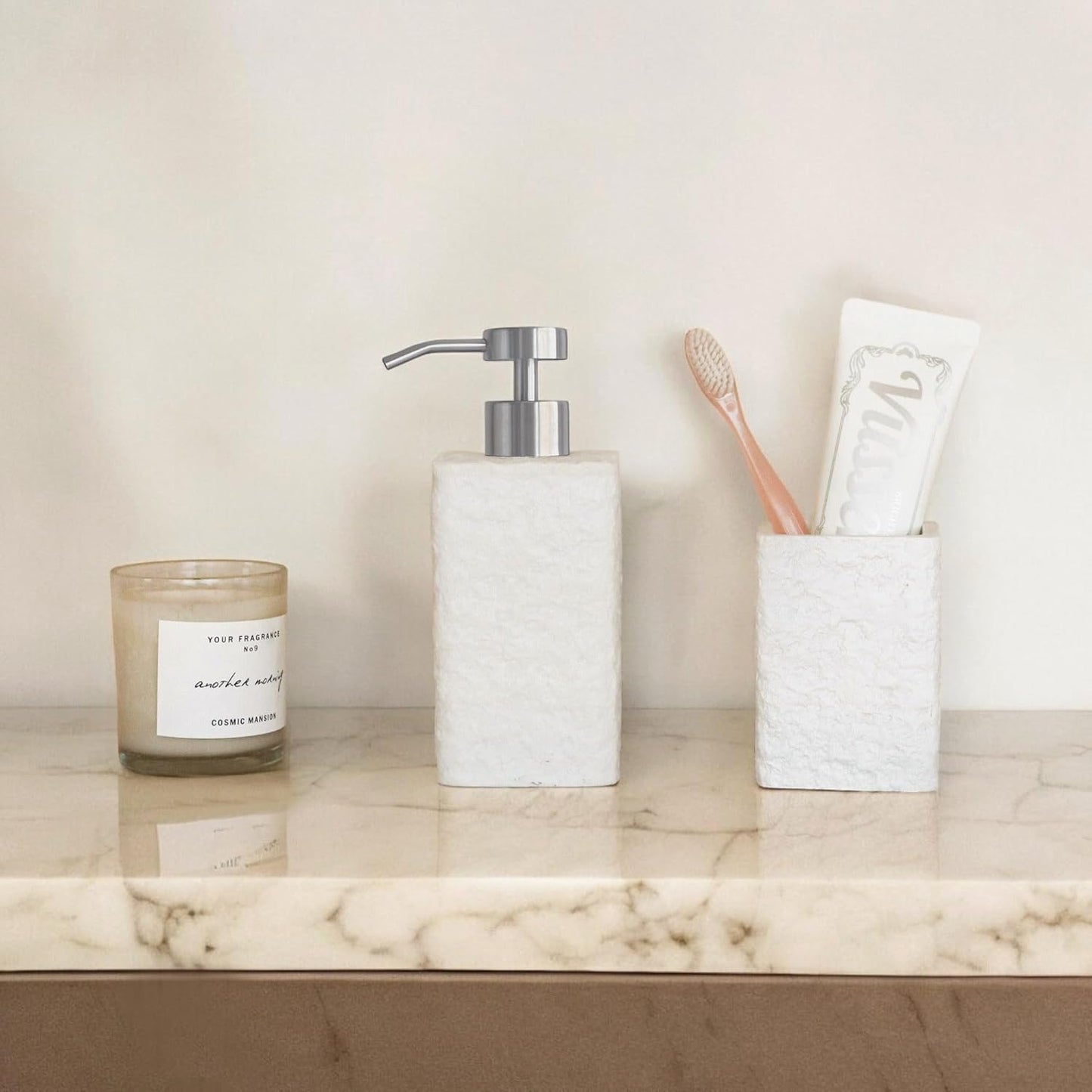 Lunestella White Textured Soap Dispenser with Stainless Steel Pump, Natural Stone Finish for Modern Farmhouse Bathroom, 12oz