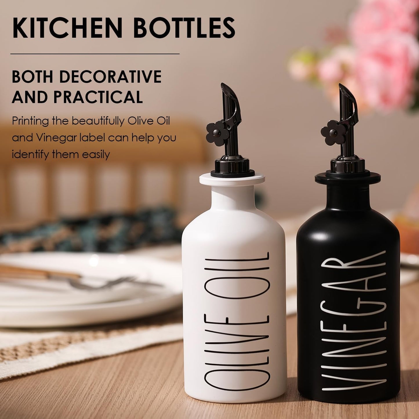 HOMCDALY Premium Olive Oil Dispenser for Kitchen, 11.8oz Glass Oil Bottles with Bamboo Tray, Oil&Vinegar Cruet Set, Kitchen Dispenser Bottles with Pourer | Set of 2 (11.8oz –P–Black&White)