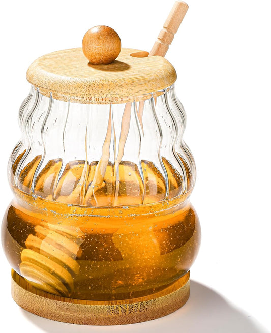 Glass Honey Pot Honey Jar witn Dipper and Wooden Lid, Honey Dispenser for Home,Tea Shops,Cafes, Restaurants (1)