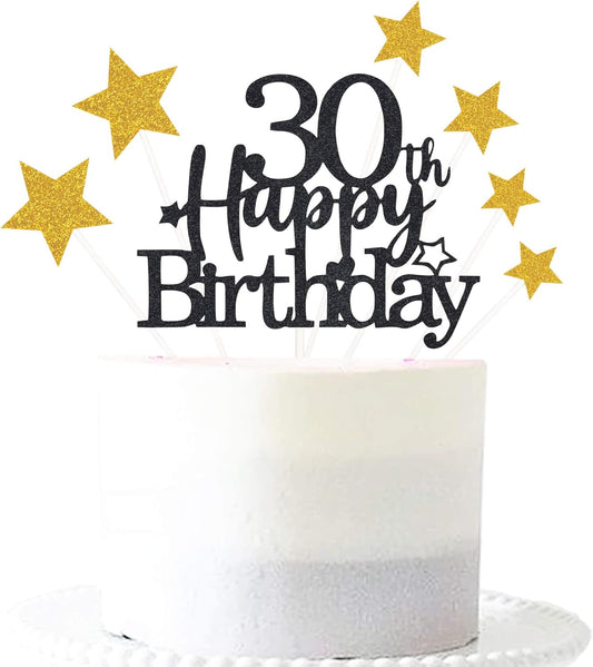 Glittery 30th Happy Birthday Cake Topper with Star,Personalised 30 Birthday Cake Toppers Party Decorations Party Supplies for Men Women Black Gold