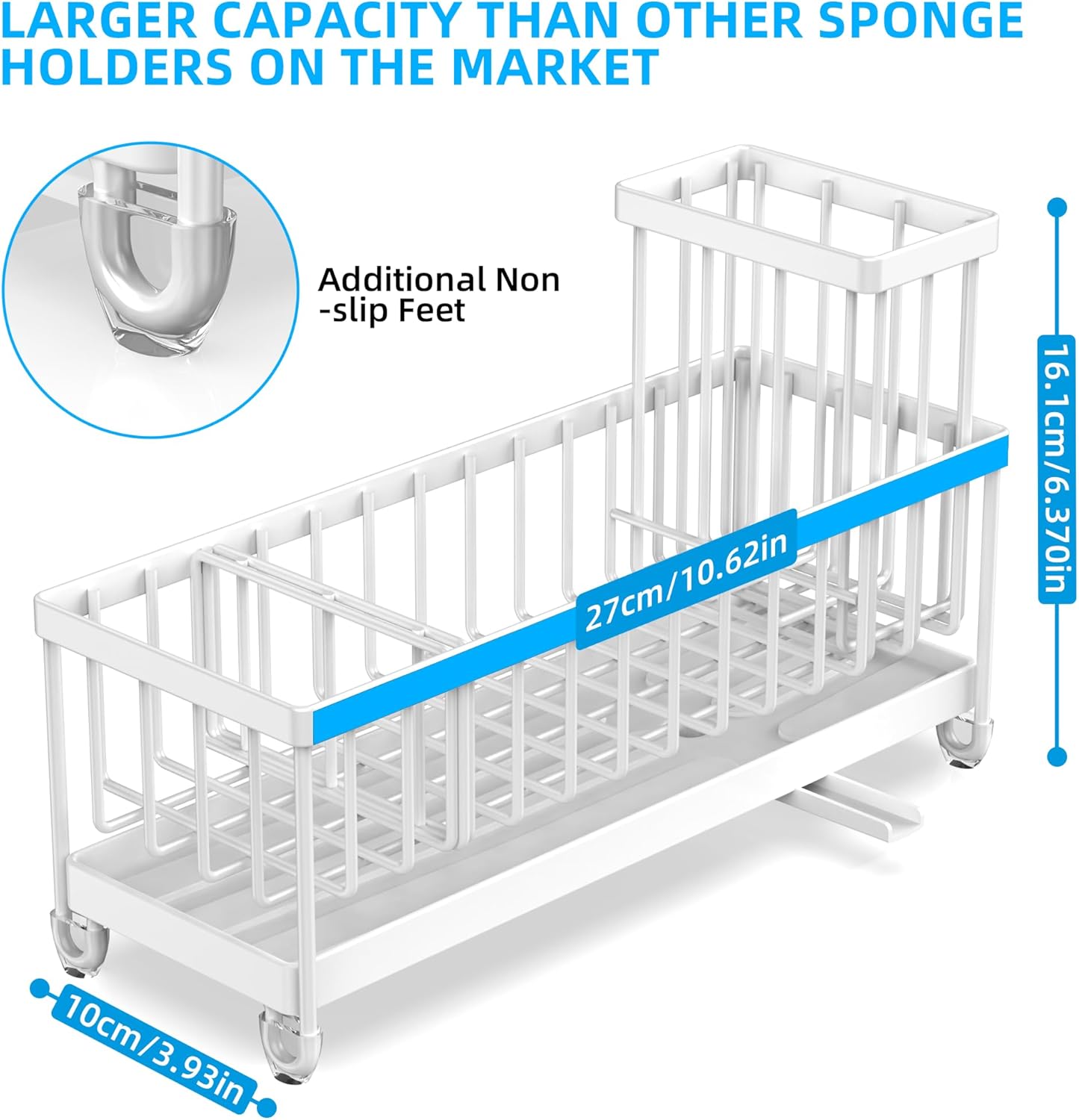 Moforoco Extra Large Kitchen Sink Caddy, Rustproof Sponge Holder for Kitchen Sink with High Brush Holder, Stainless Steel White Kitchen Caddy Sink Countertop Organizer, Sponge Caddy for Kitchen Sink