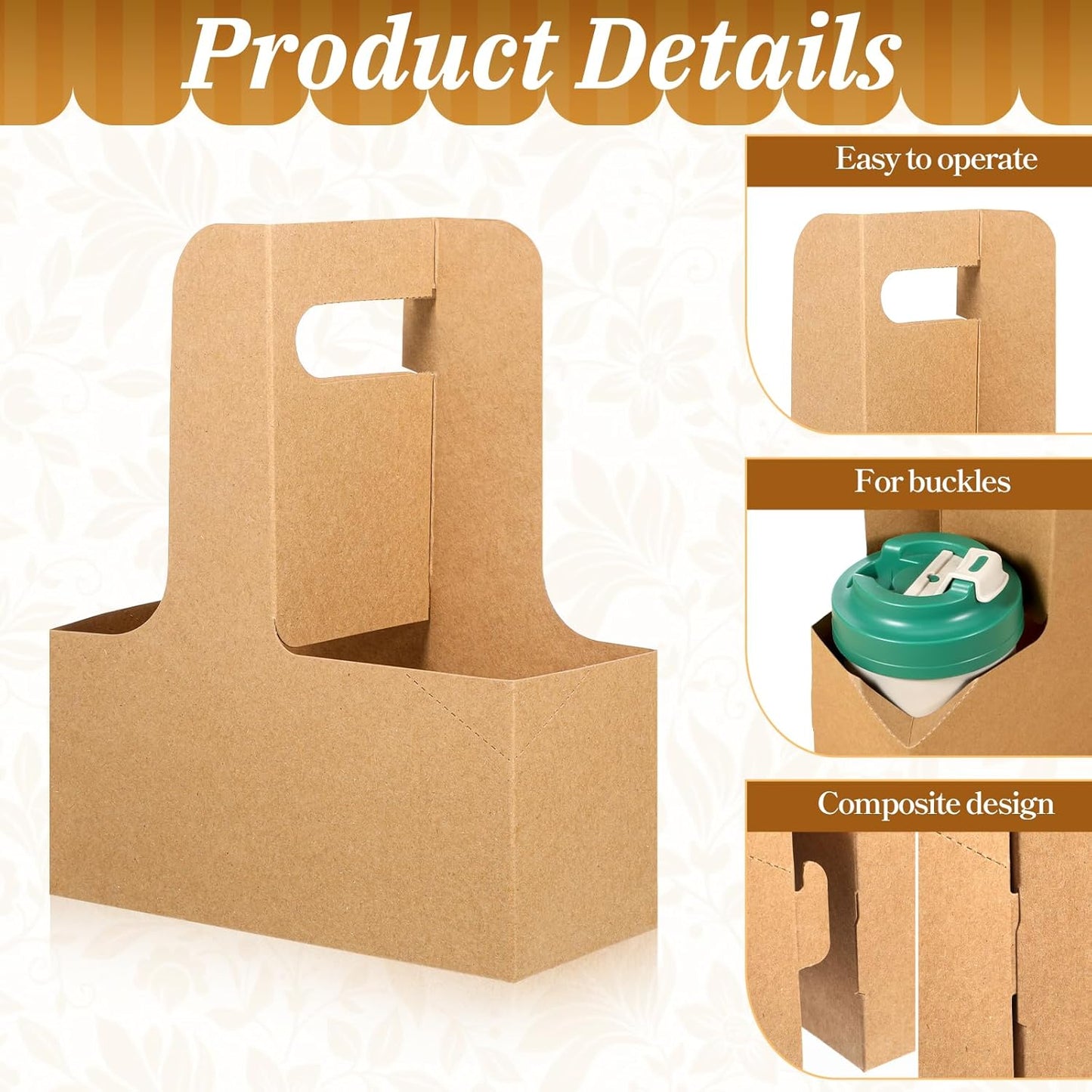 100 Pack 2-Cup/4-Cup Paper Drink Carrier with Handles, Disposable Brown Paperboard Cup Holder for Delivery Foldable Beverage Tray for Hot/Cold Drinks, Coffee to Go, Takeout